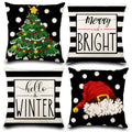 Diydec 4Pcs Christmas Pillow Covers 18X18 Inch Hello Winter Merry Bright Throw Pillow Covers Xmas Tree Hat Black White Striped D