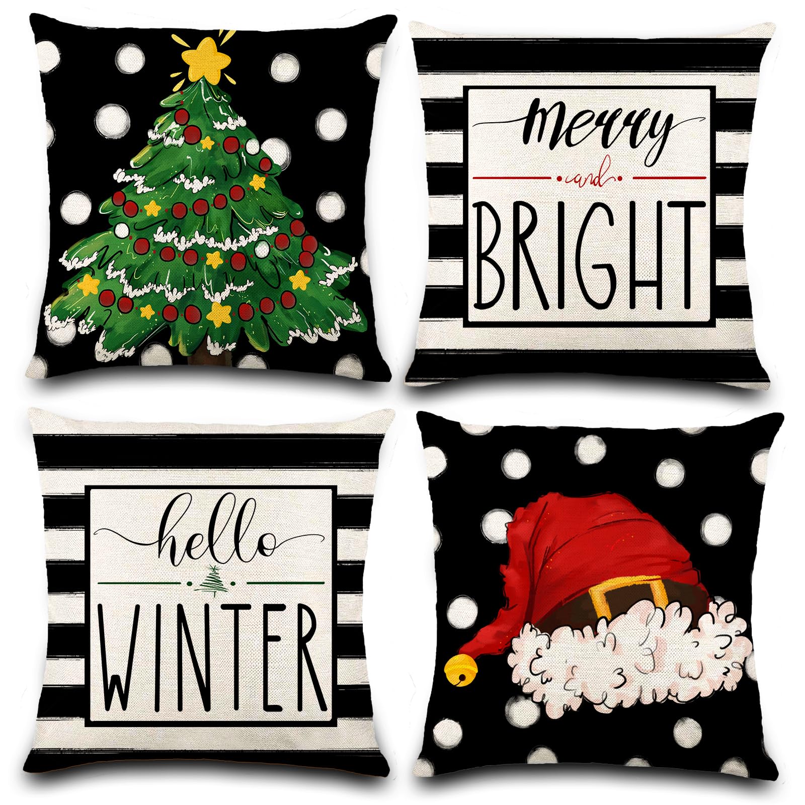 Diydec 4Pcs Christmas Pillow Covers 18X18 Inch Hello Winter Merry Bright Throw Pillow Covers Xmas Tree Hat Black White Striped D