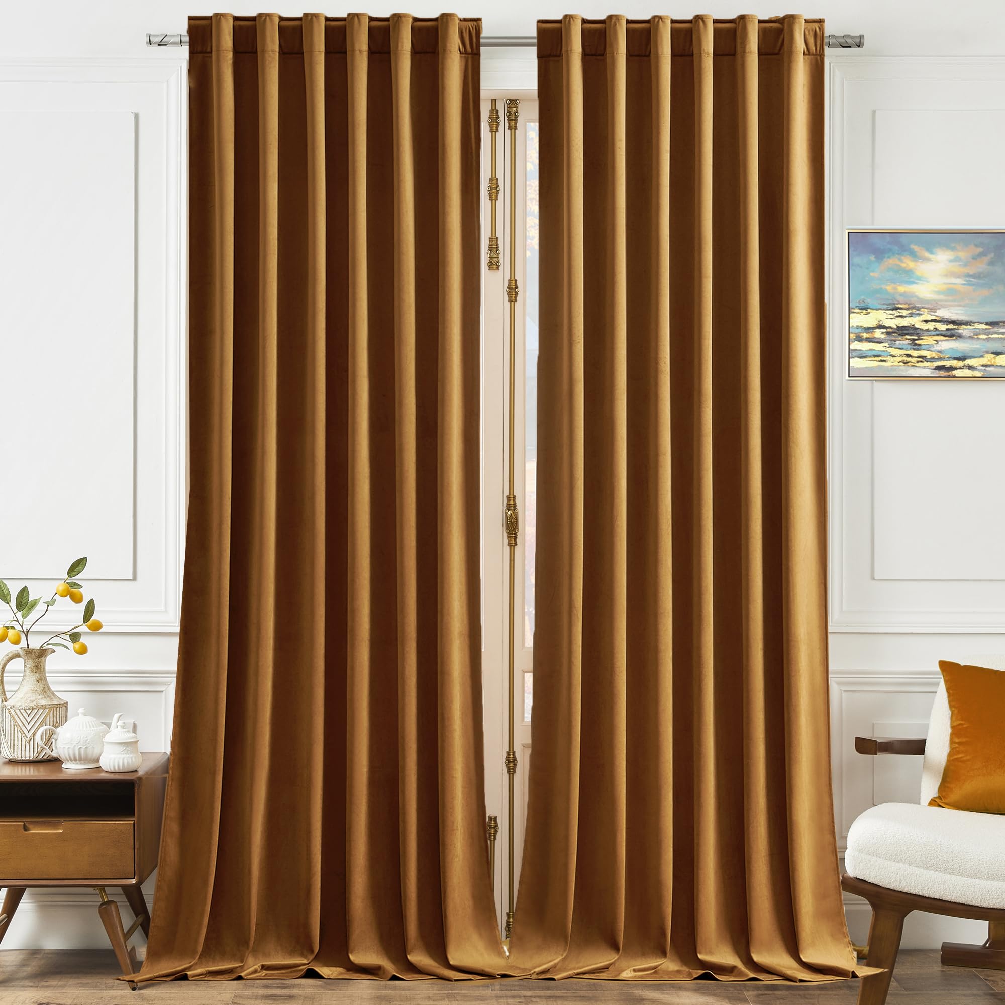 Timeper 72 Inches Velvet Curtains Inches For Farmhouse, Gold Brown Smooth Plush Energy Efficient Window Treatment Luxury Decorat