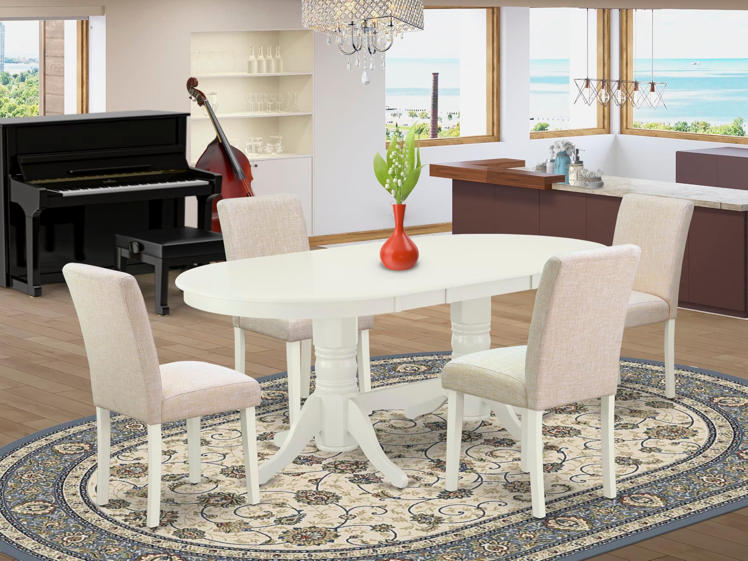East West Furniture Vaab5-Lwh-02 5 Piece Dining Room Table Set Includes An Oval Kitchen Table With Butterfly Leaf And 4 Light Beige Linen Fabric Parsons Chairs, 40X76 Inch, Linen White