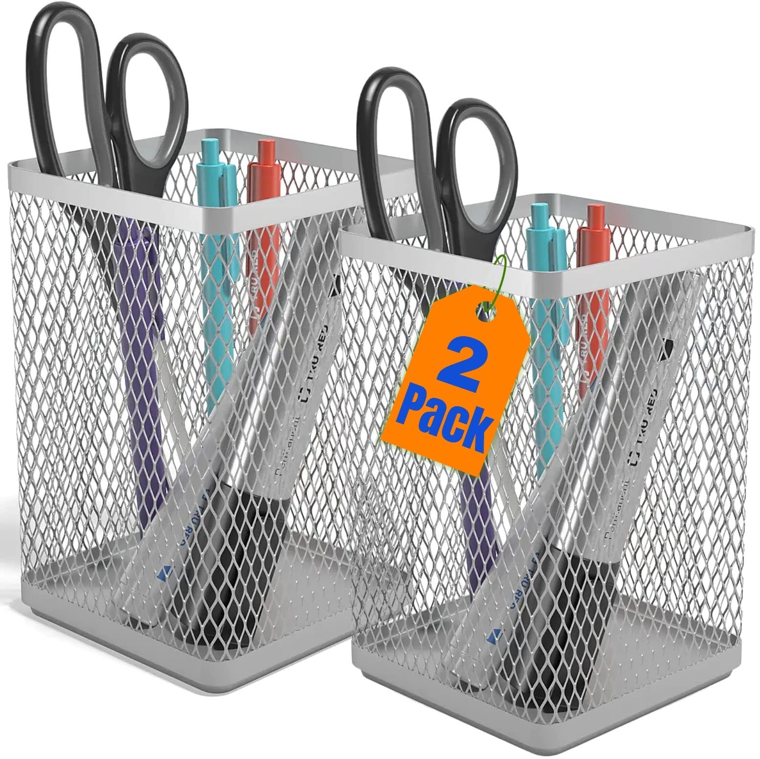 1Inthehome Large Pen Holder, Big Tall Pencil Cup, Silver Wire Mesh '2 Pack'