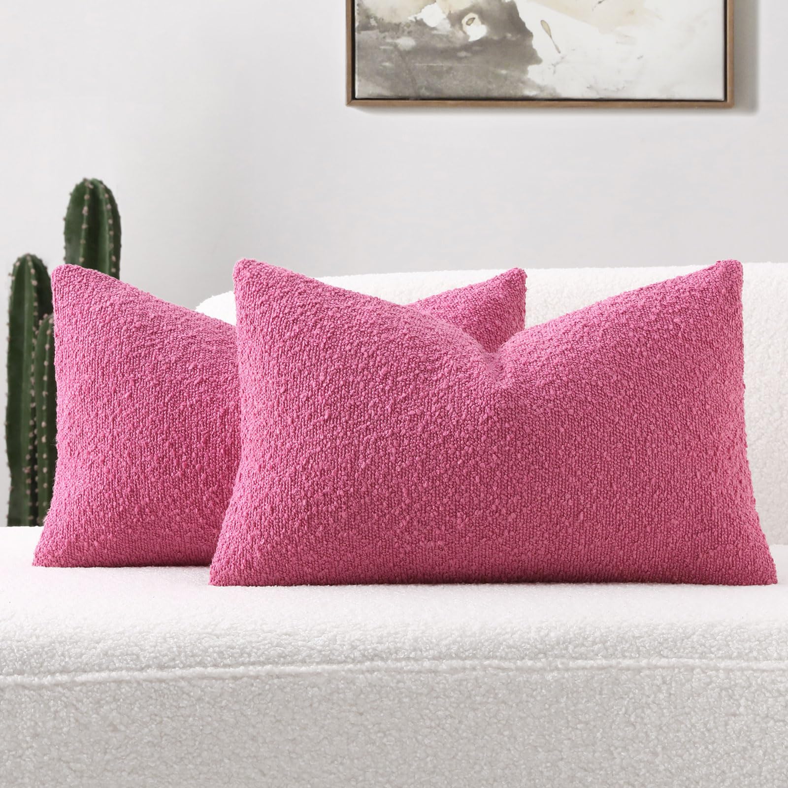 Futei Pack Of 2 Hot Pink Boucle Accent Decorative Throw Pillow Covers,12X20 Inch Soft Solid Textured Lumbar Pillow Cases,Home De