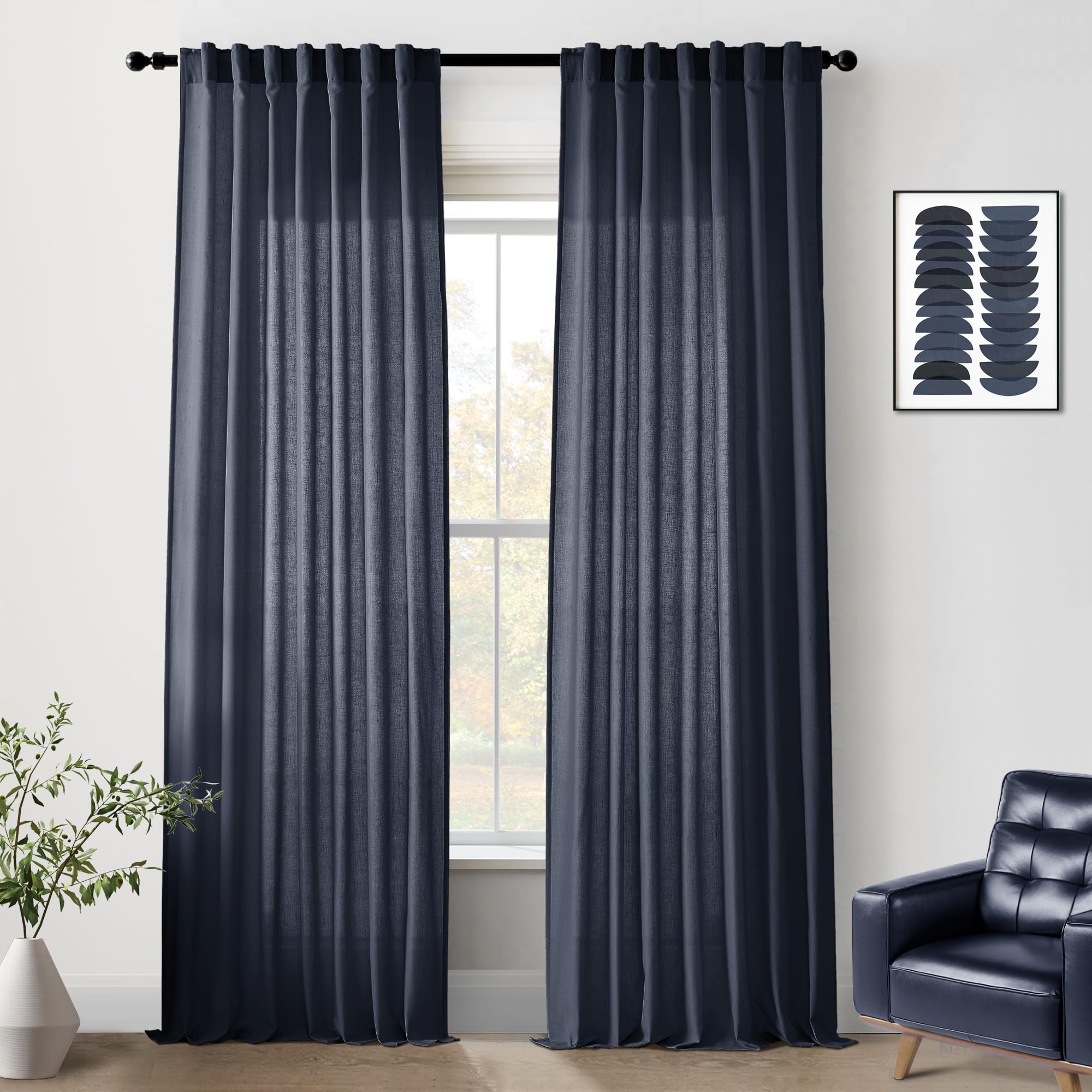Panelsburg Navy Blue Linen Curtains 96 Inches Long, Farmhouse Semi Sheer Curtains & Drapes For Living Room, Boys Curtains For Be