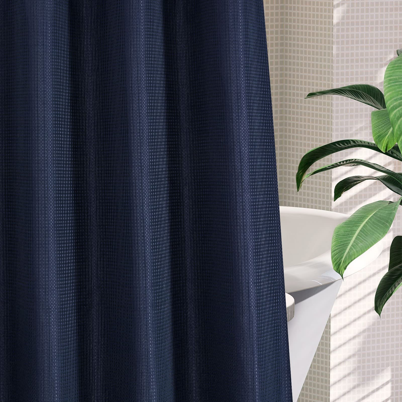 Mitovilla No Hooks Needed Waffle Small Stall Shower Curtain 36 X 74, Navy Blue Half Size Narrow Fabric Cloth Shower Curtain Set