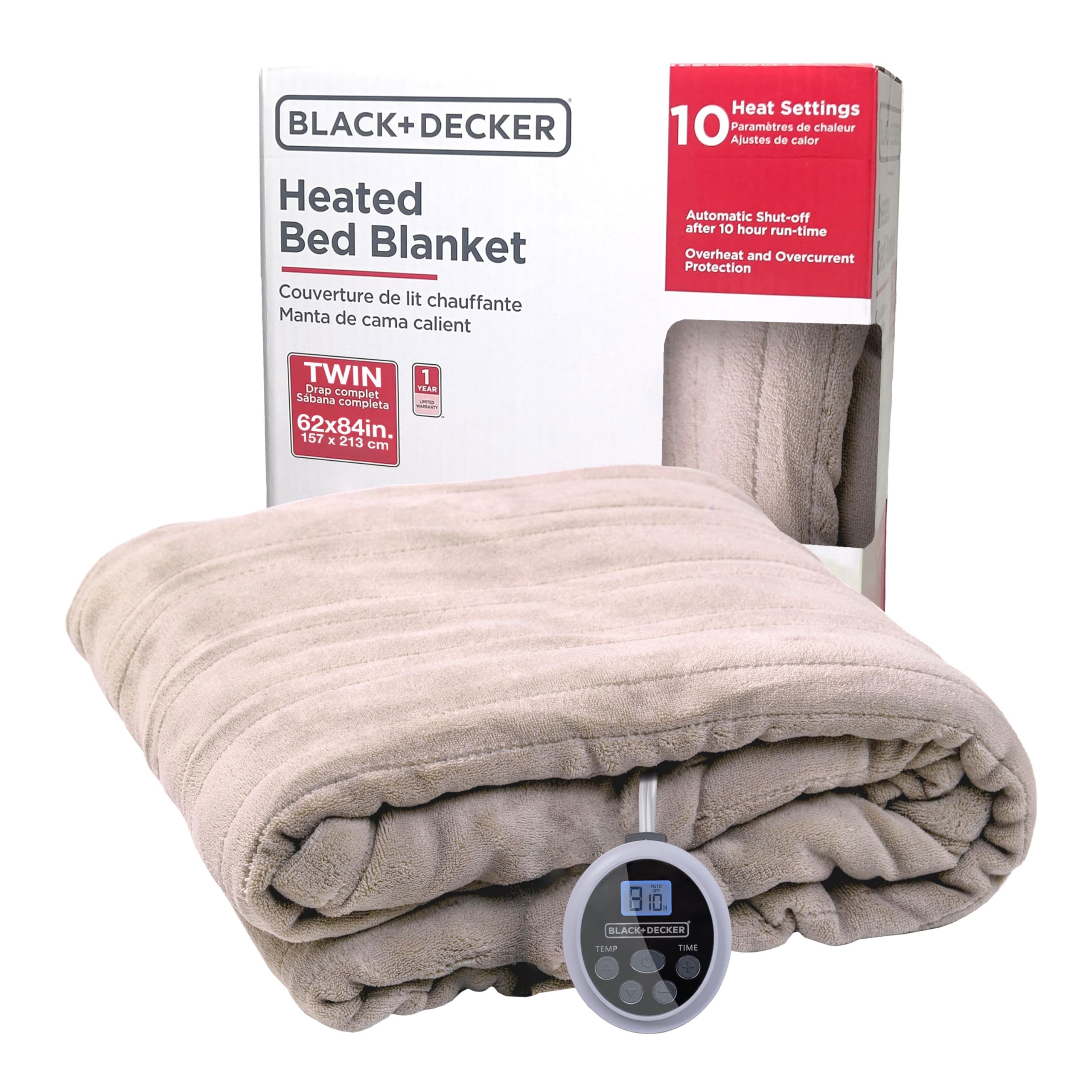 BLACK+DECKER Heated Blanket Electric Twin, Micro Plush Electric Blanket, Heating Blanket with 10 Heating Levels, 10H Timer, Auto