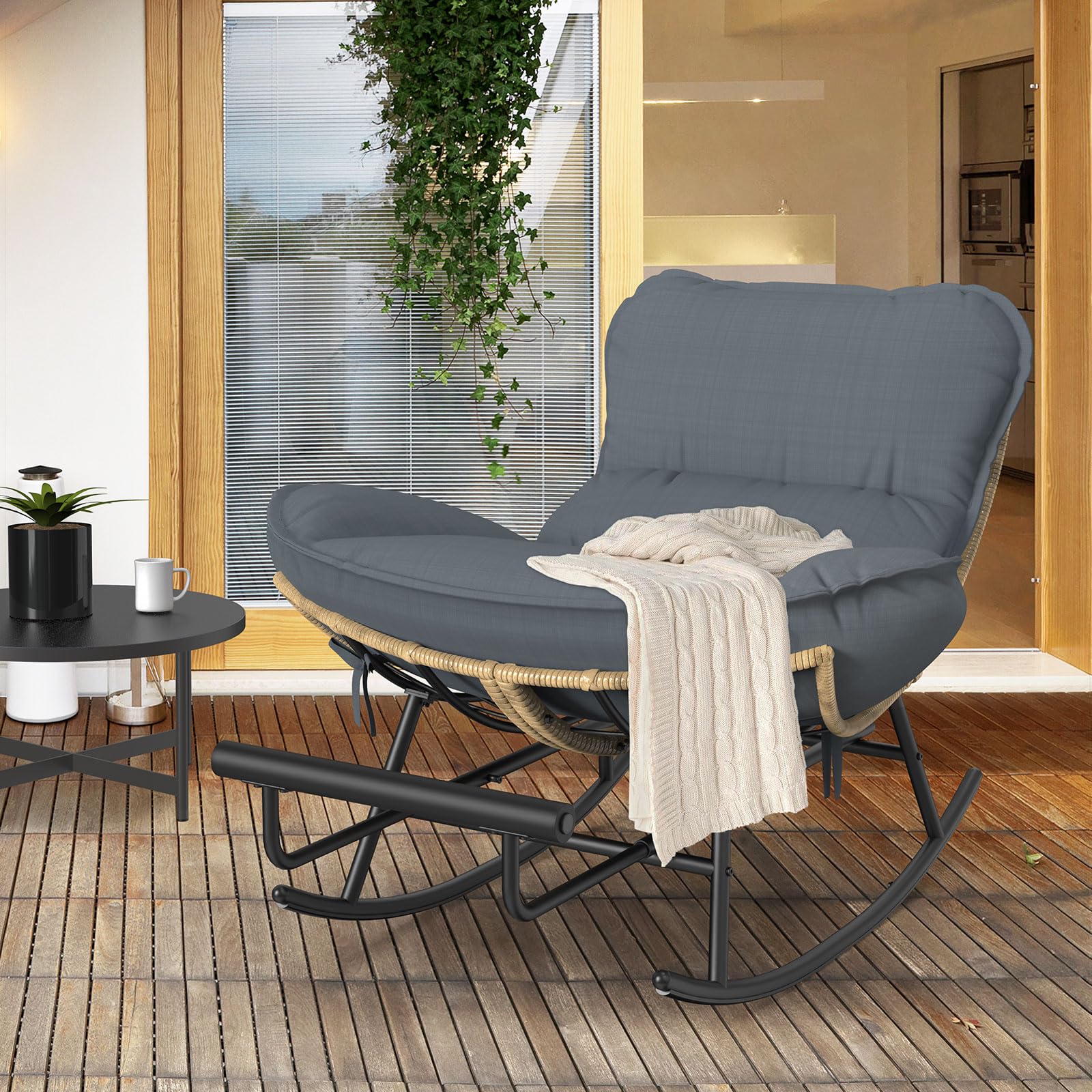 ZENPETIO Outdoor Rocking Chair - Oversized Metal Frame Papasan Rocking Chair with All Weather PE Wicker Rattan Rocker and Footre