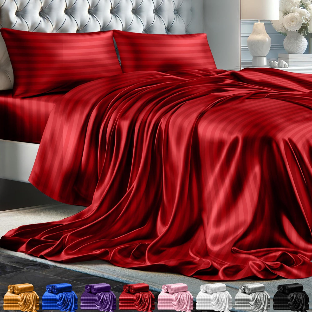 Decolure Striped Satin Sheets Set King 4Pc - Comfy Luxury Silk Feel Satin Sheets King - Elegant Silky Soft King Size Satin Bed S