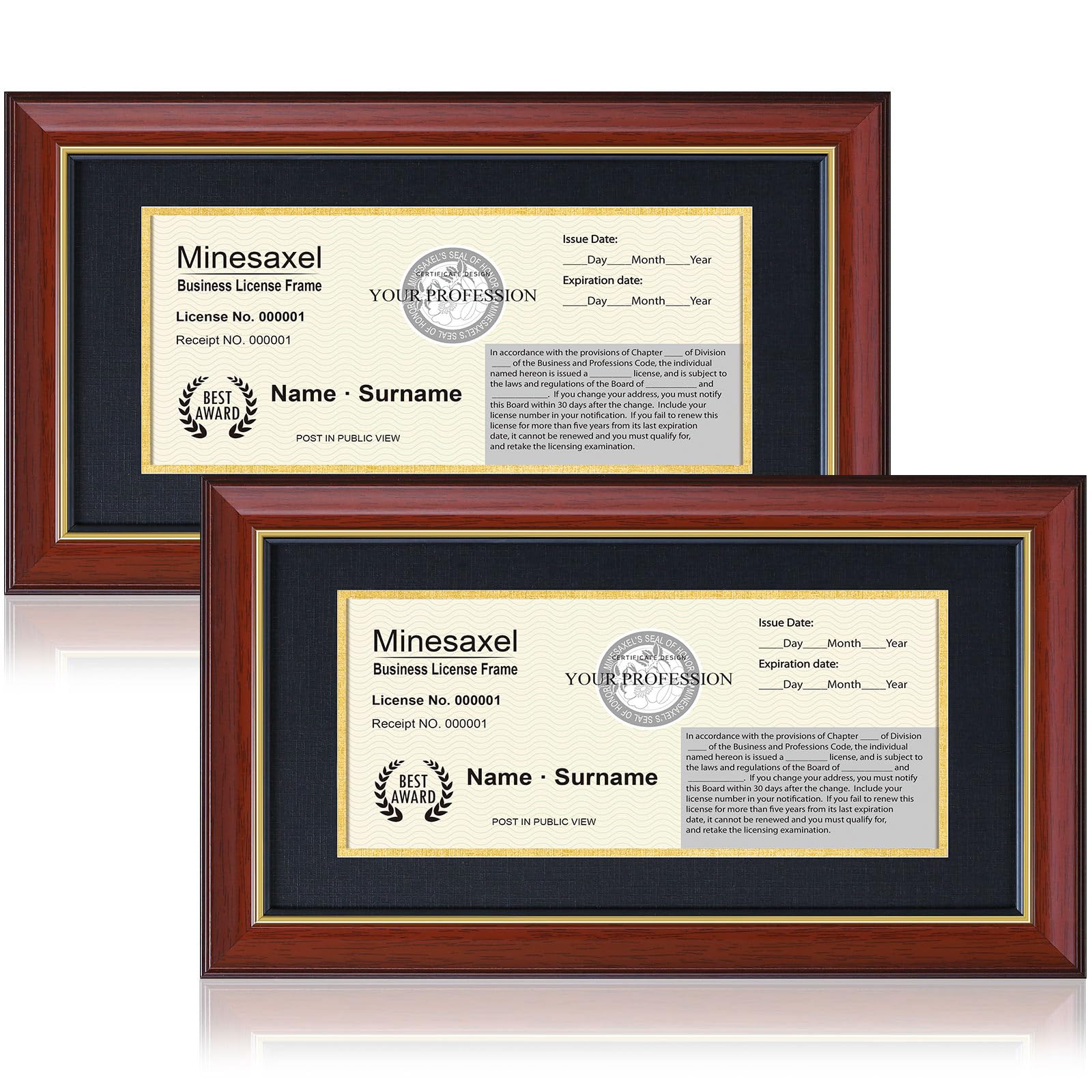 Minesaxel 5x10 Business License Frame with Mat Fits 3.5x8 Cosmetology License for Wall and Tabletop Double Display (Cherry Red, 