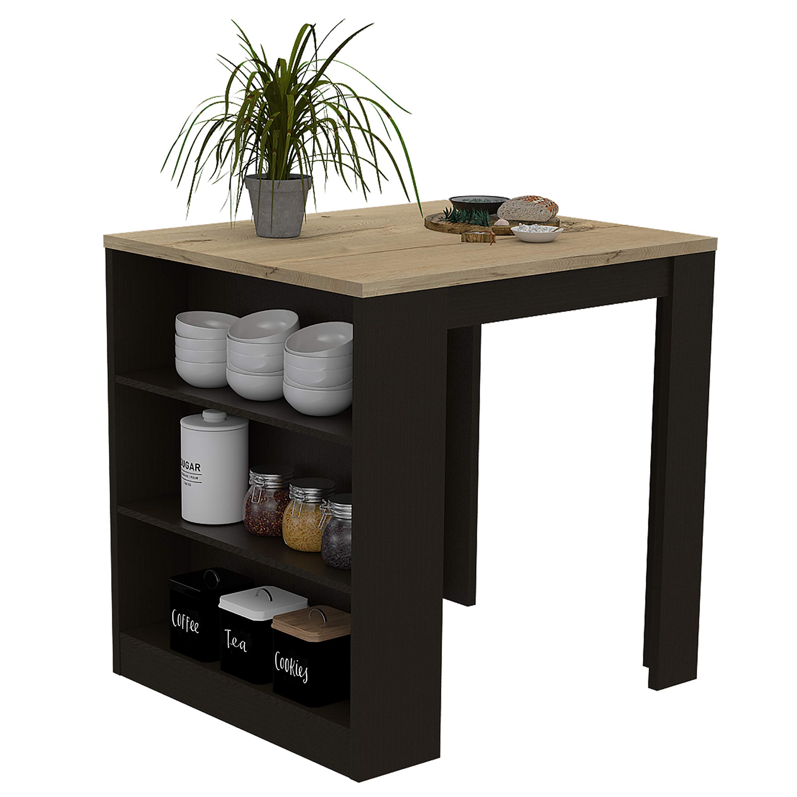 Milos Kitchen Island Table with 2 Legs and 3 Side Shelves, Black/Pine