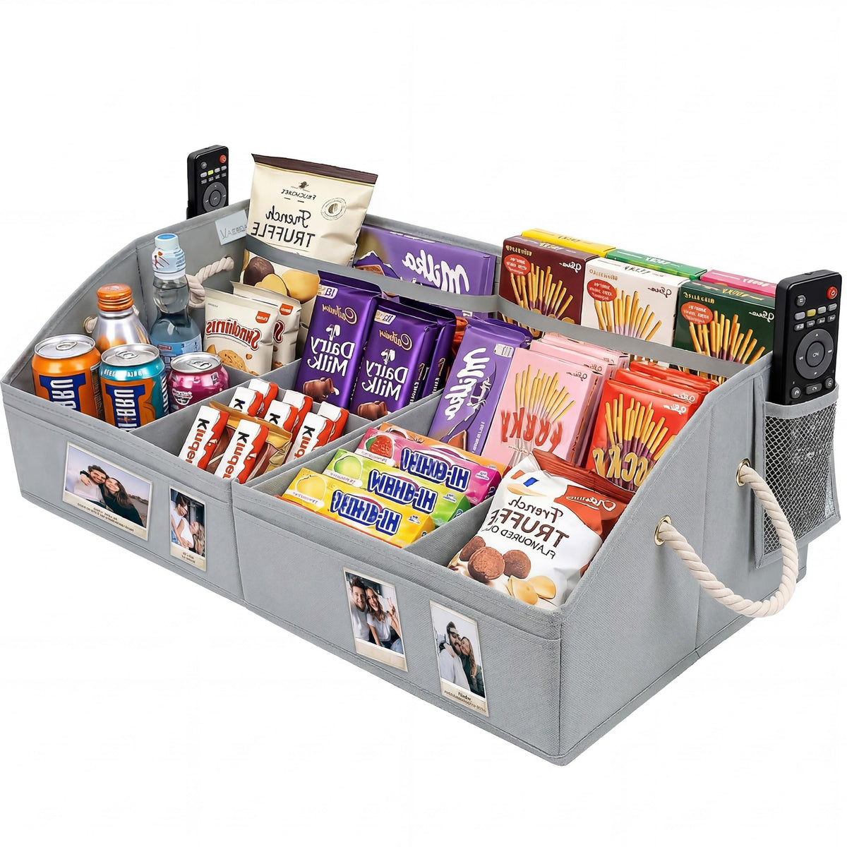 VAESIDA Large Snack Organizer for Countertop, Foldable Storage Basket with 8 Adjustable Compartments & Handles, 28 Snack Conta
