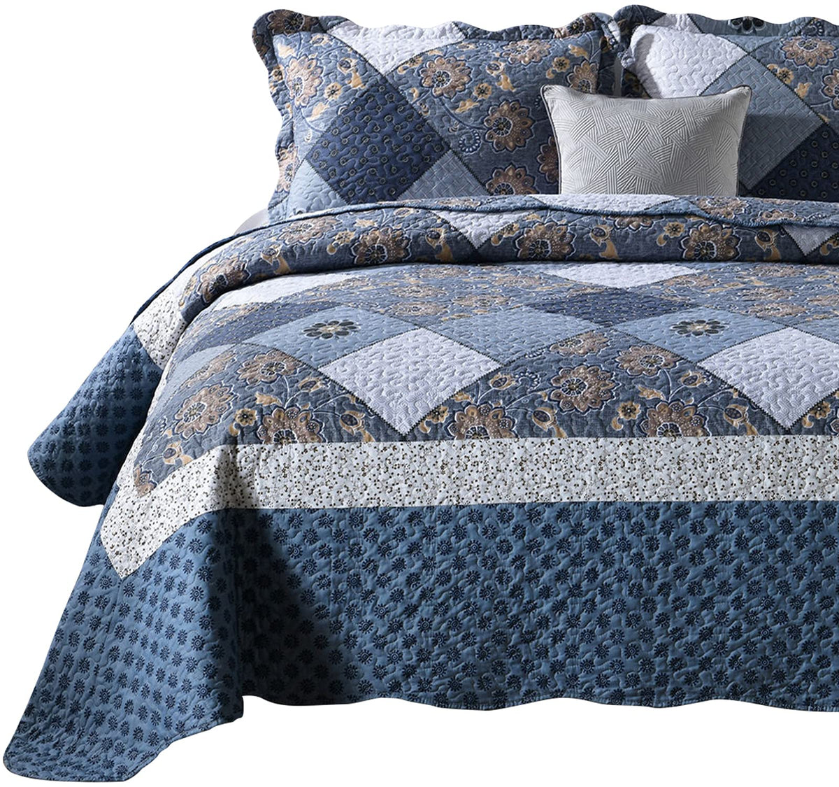 Enjohos 3-Piece Queen Quilt Sets With Shams Grey Floral Patchwork Quilt Lightweight Reversible Bed Coverlet All Season Bedspread