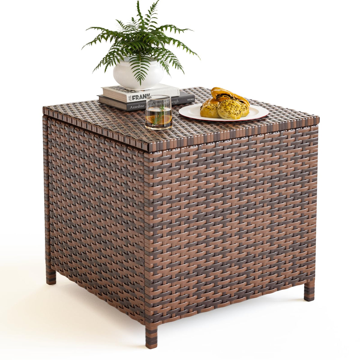 Udpatio Outdoor Wicker Side Table With Storage Patio Rattan End Table Small Resin Square Container Coffee Table Backyard Pool For Furniture Covers, Toys And Gardening Tools (Brown)