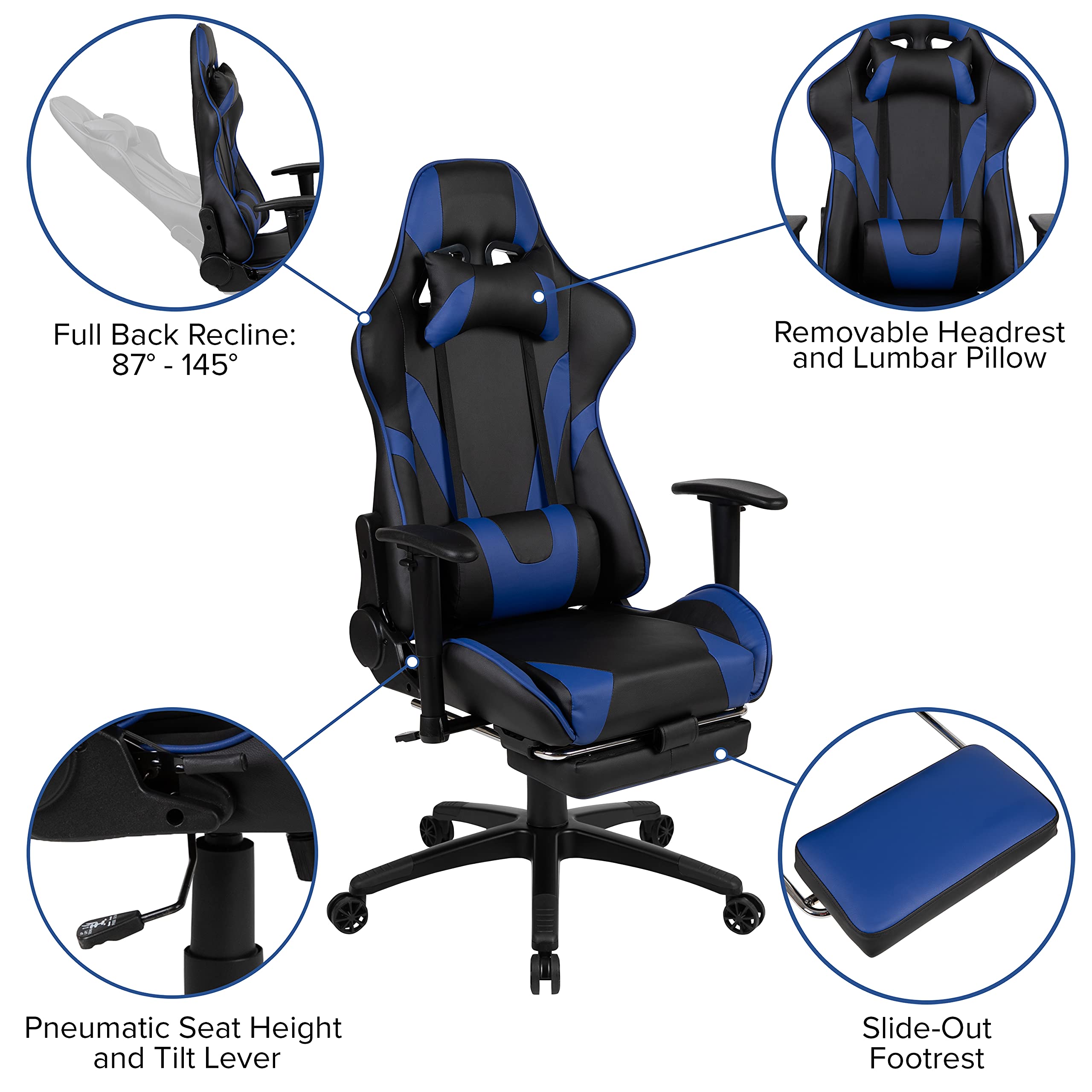 Flash Furniture Optis Black Gaming Desk And Blue Footrest Reclining Gaming Chair Set With Cup Holder, Headphone Hook & 2 Wire Management Holes