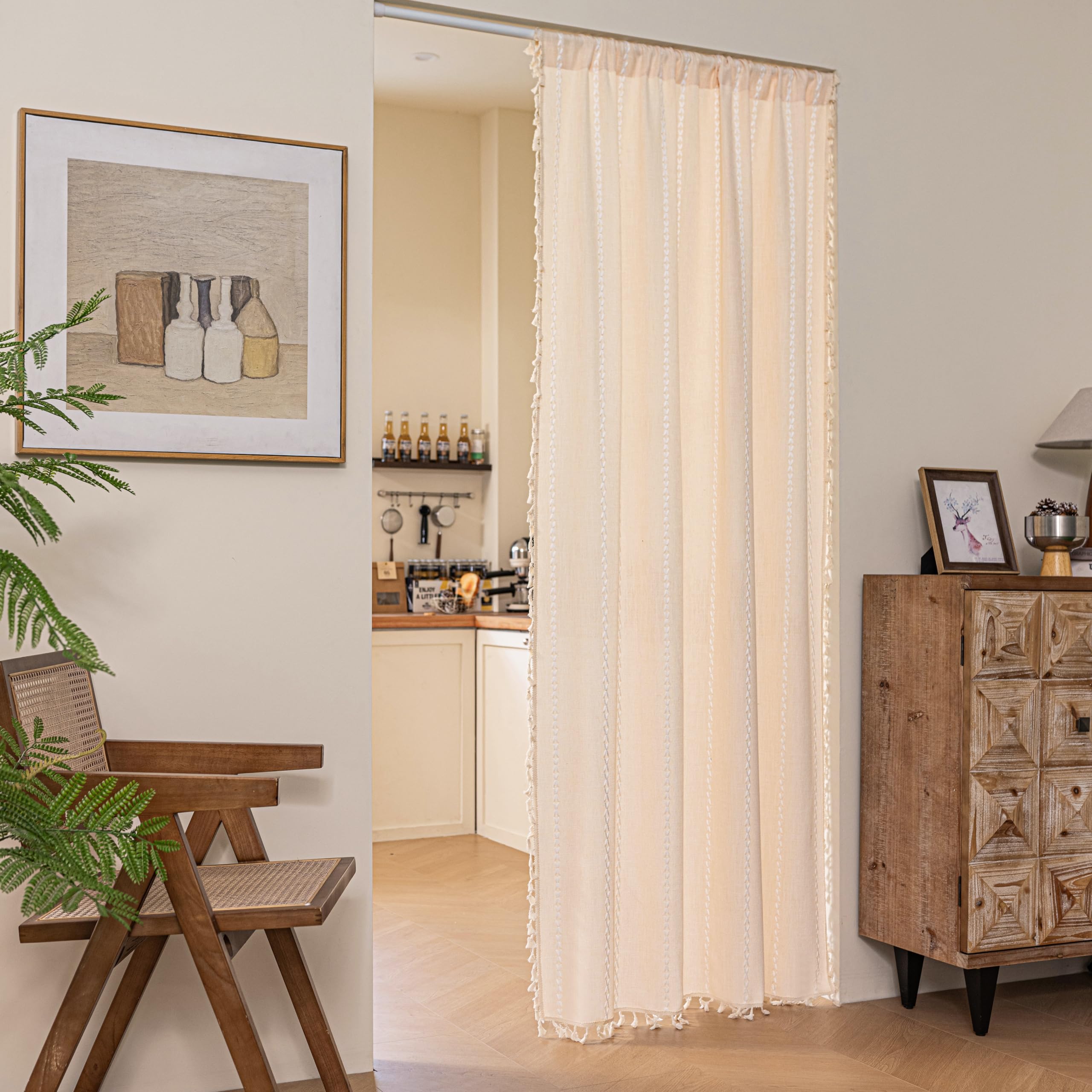 Sutuo Home Boho Sliding Door Curtains, Bohemian Semi Blackout Curtains Tassels Privacy Embroidery Stripes Decor Temporary Room D