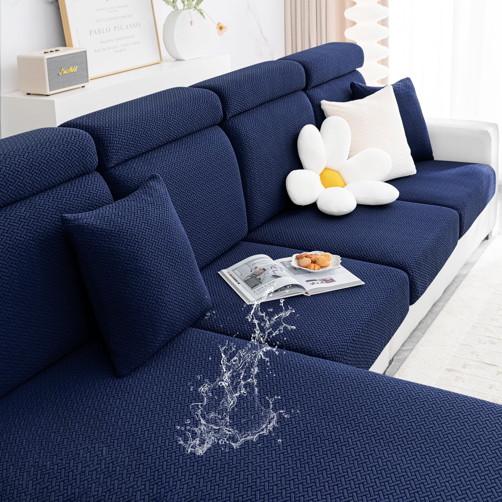 Smiry Waterproof Couch Cushion Covers, Stretch Jacquard Thick Sofa Cushion Covers, Washable Seat Cover Slipcover Elastic Furniture Protector For Pets, Kid (Large, Navy)