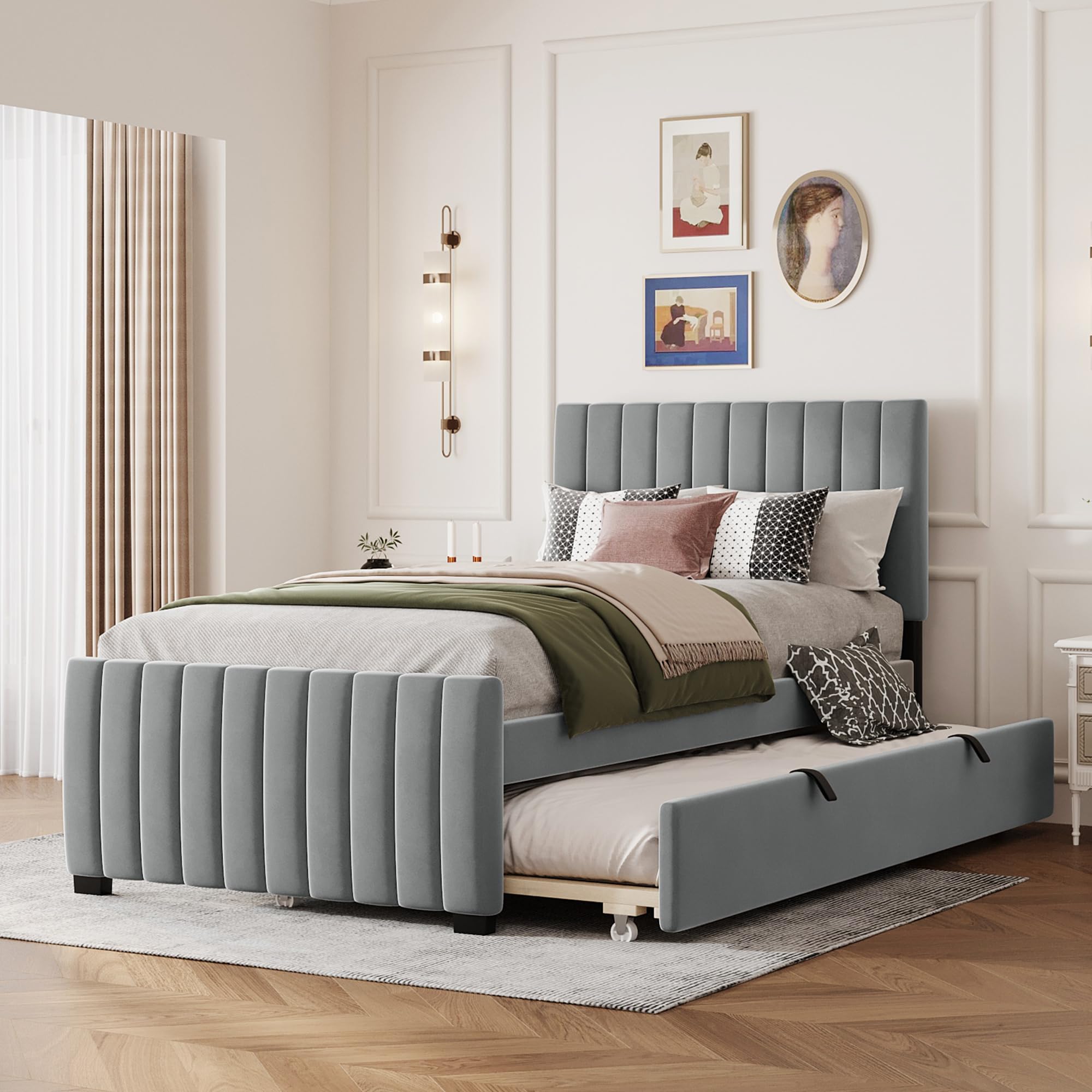 Merax Twin Size Velvet Upholstered Platform Bed, Wood Bed Frame with Twin Size Trundle, Gray