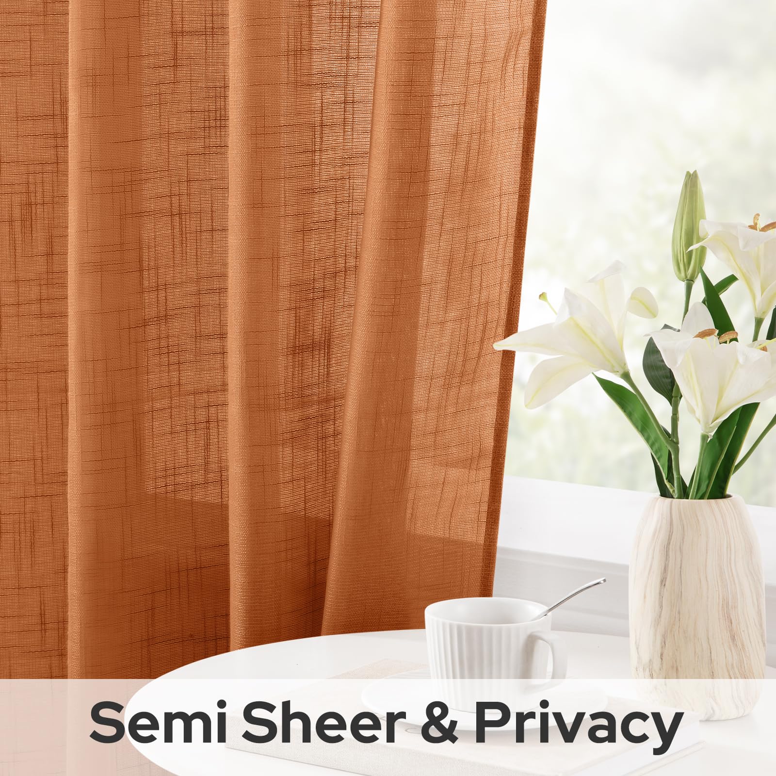 Homeideas Orange Linen Sheer Curtains 96 Inches Long 2 Panels Textured Semi Sheer Curtains Farmhouse Curtains Sheer Privacy Wind
