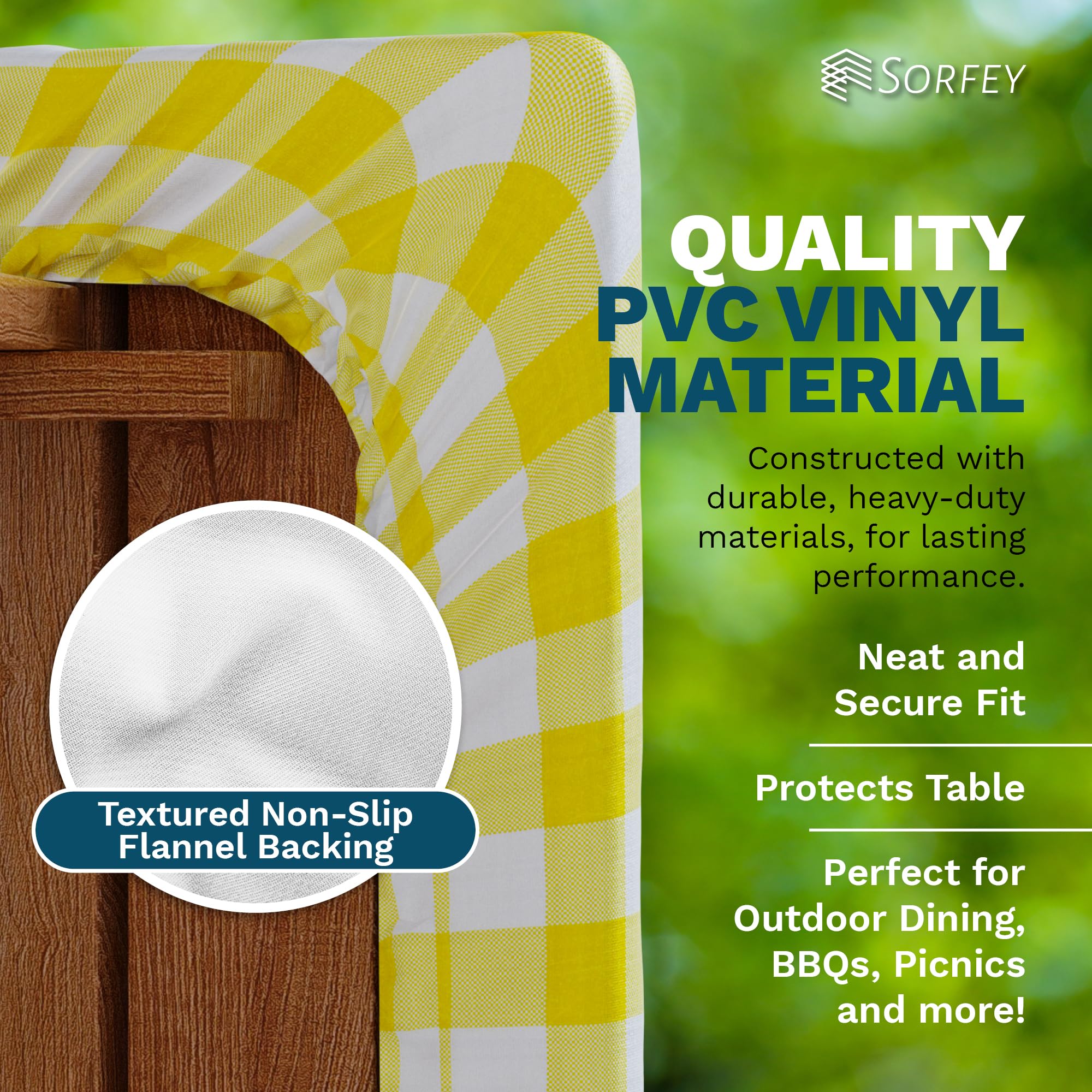 Sorfey Picnic Table Cover With Bench Covers -Fitted With Elastic, Vinyl With Flannel Back, Fits For Table 30'X 96' Rectangle,Water Proof, Checked Black Design