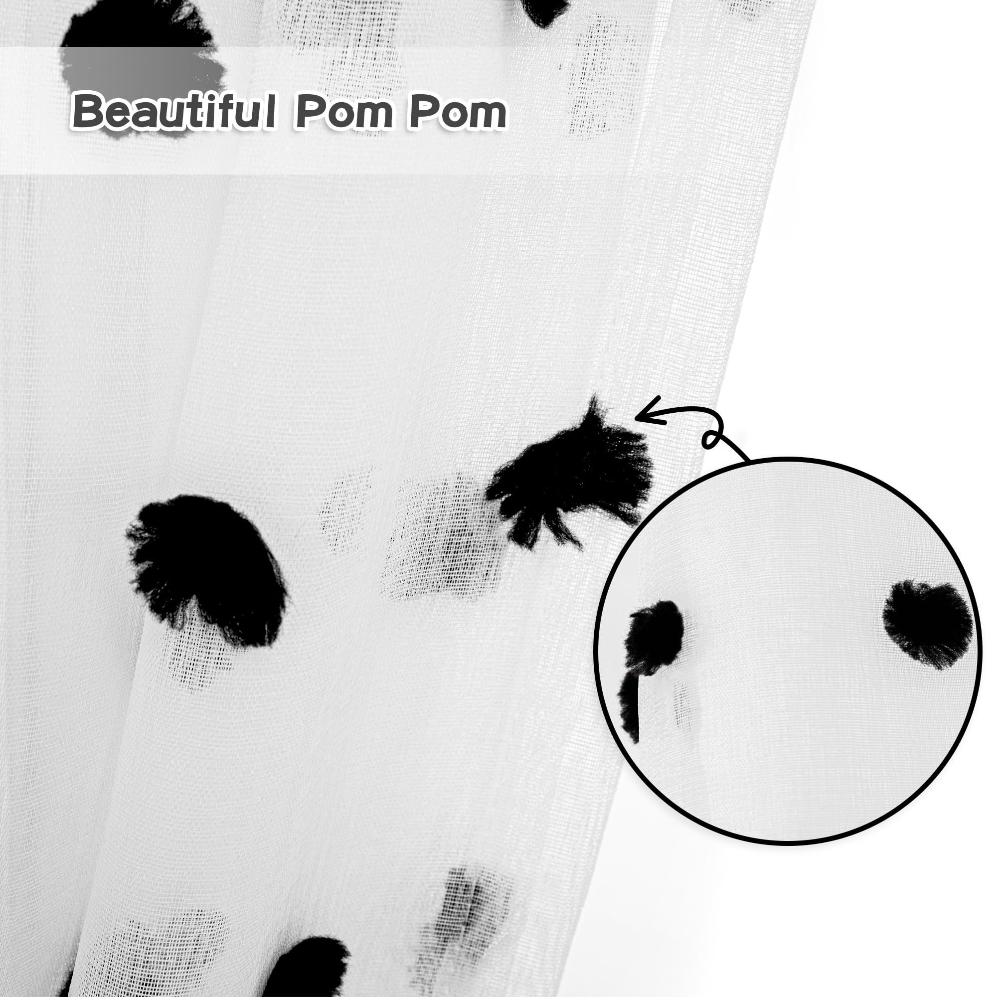 Mysky Home Curtains For Living Room 84 Inch Long Halloween Black Pom Pom Curtains For Bedroom Sheer Curtains For Nursery Windows