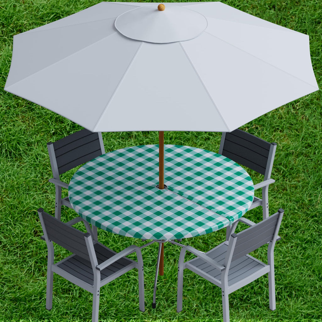 Sorfey Vinyl Umbrella Round Fitted Tablecloth Cover, Checkered Design, Flannel Backed Lining 30 Inch, Green