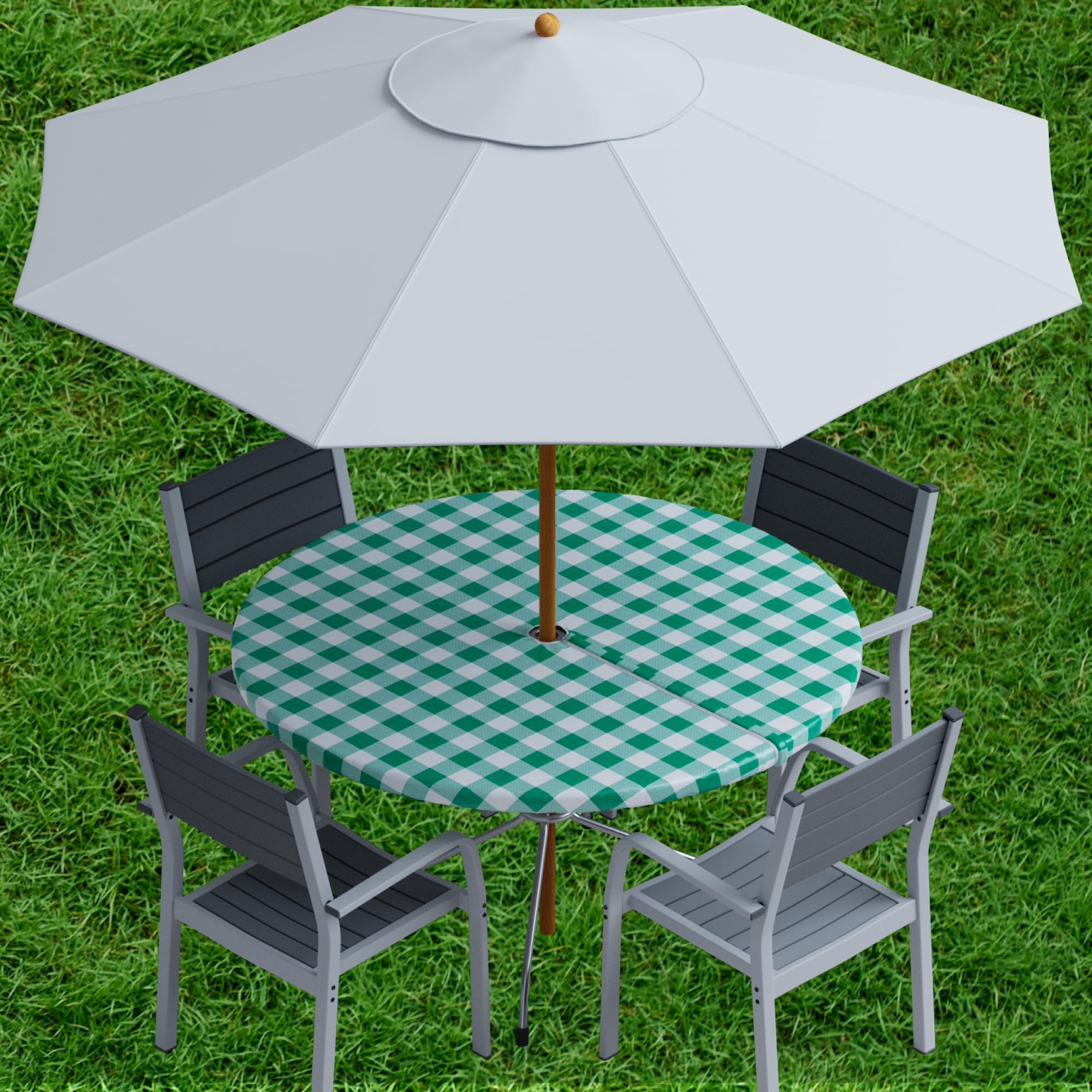 Sorfey Vinyl Umbrella Round Fitted Tablecloth Cover, Checkered Design, Flannel Backed Lining 30 Inch, Green