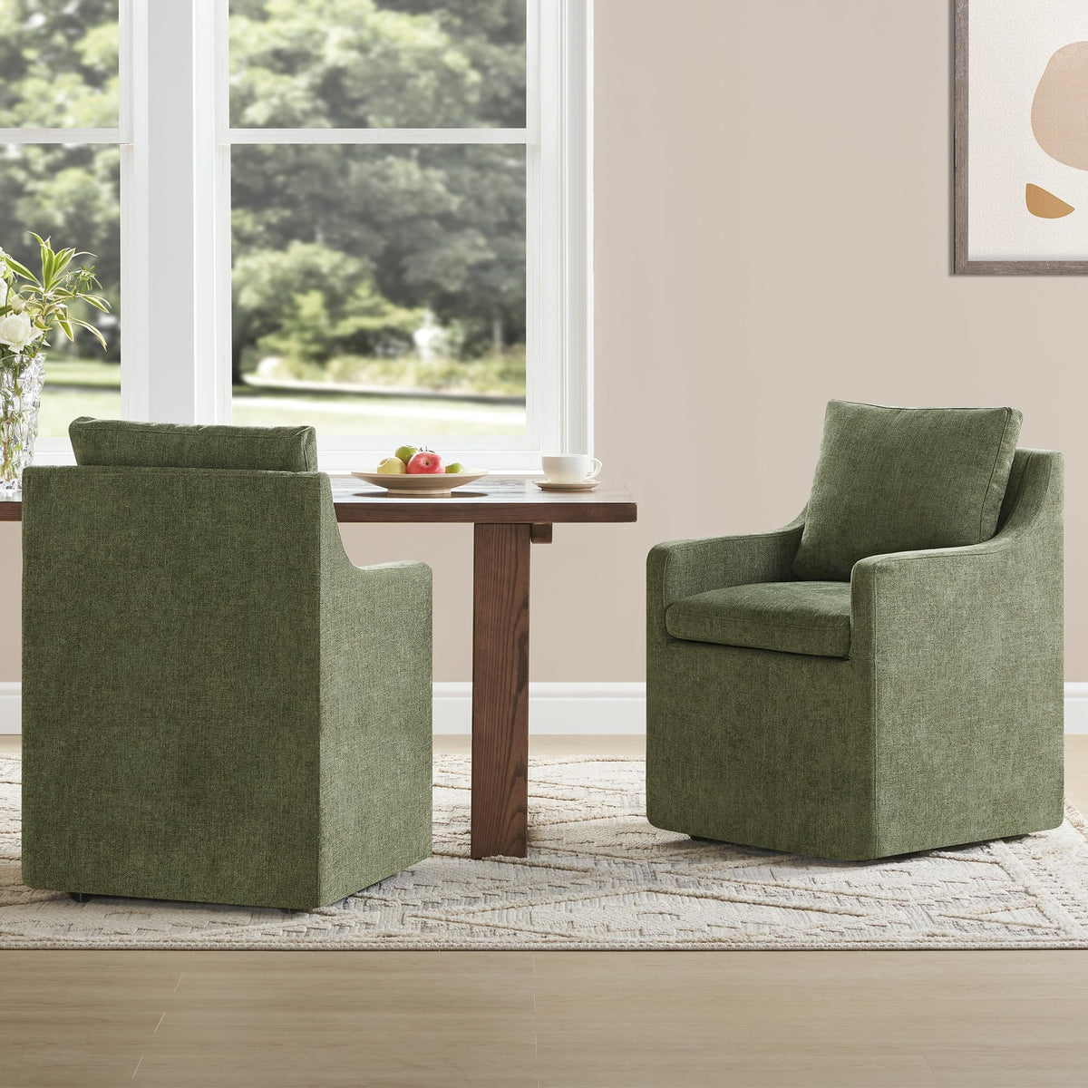 Kislot Upholstered Dining Chair With Casters Easy Assembly Side Deskchair With Rollers For Diningroom Living Room,Green,2 Box