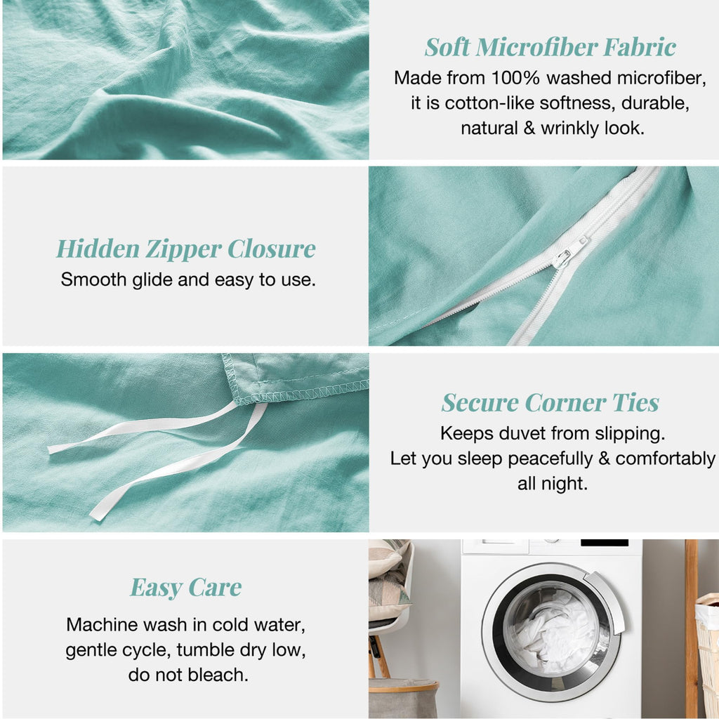 Mildly Super Soft Duvet Cover - 100% Washed Microfiber Turquoise Comforter Cover Set 3 Pieces With Zipper Closure & Corner Ties