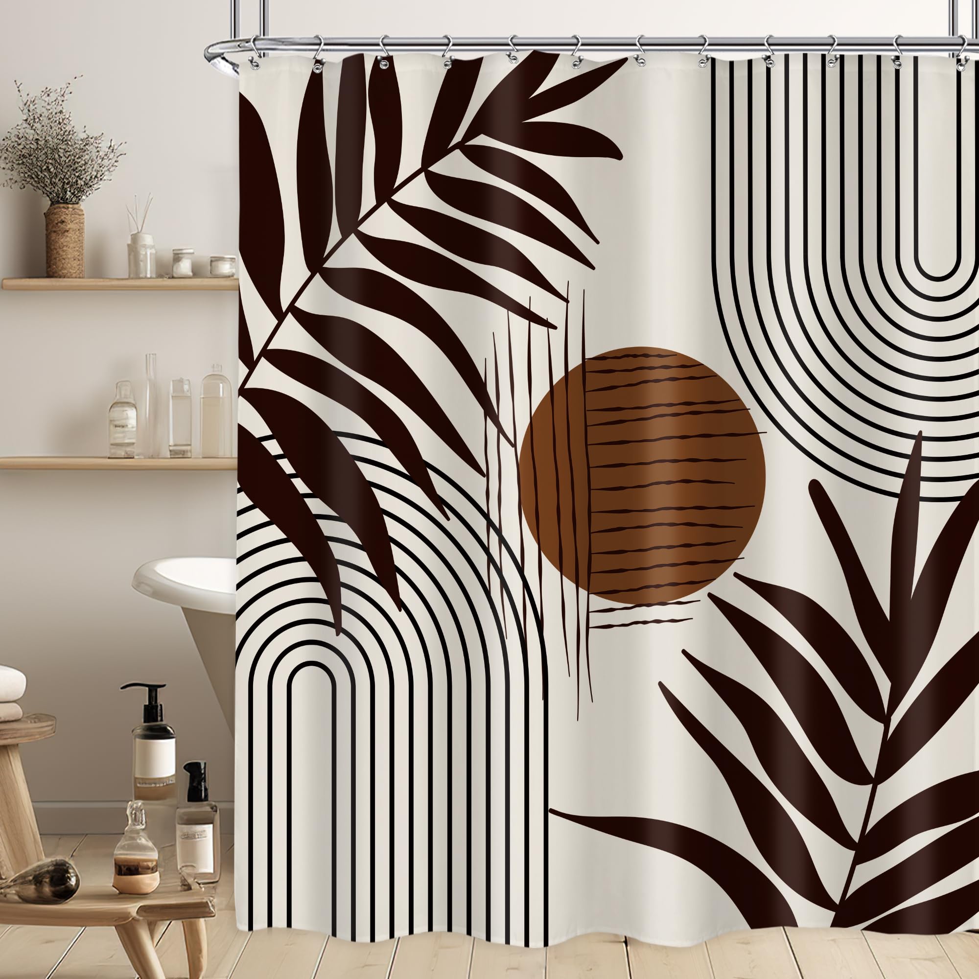 Lghtyro Extra Long Mid Century Modern Shower Curtain Brown Boho Shower Curtain Abstract Leaves Shower Curtain Set 71Wx84H Minima