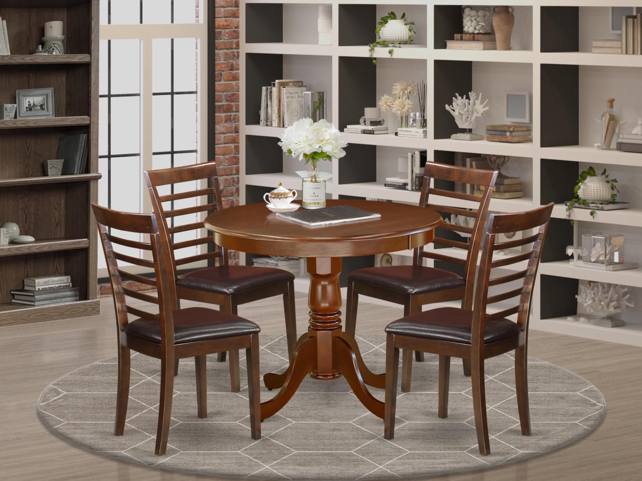East West Furniture Anml5-Mah-Lc 5 Piece Dining Room Furniture Set Includes A Round Kitchen Table With Pedestal And 4 Faux Leather Upholstered Dining Chairs, 36X36 Inch, Mahogany