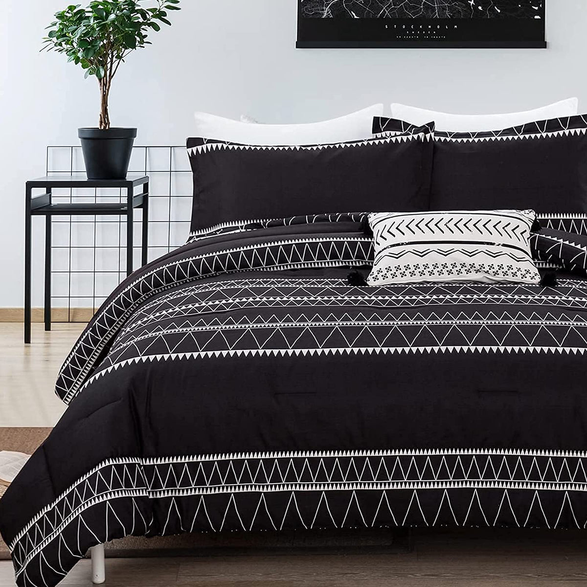 WONGS BEDDING Black Comforter Set King Size (104''x 90''), Reversible Boho Striped Bedding Set for King Bed - 3 Pieces (1 Comfor