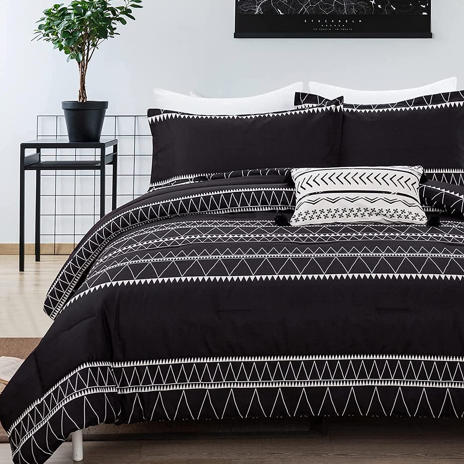 WONGS BEDDING Black Comforter Set King Size (104''x 90''), Reversible Boho Striped Bedding Set for King Bed - 3 Pieces (1 Comfor