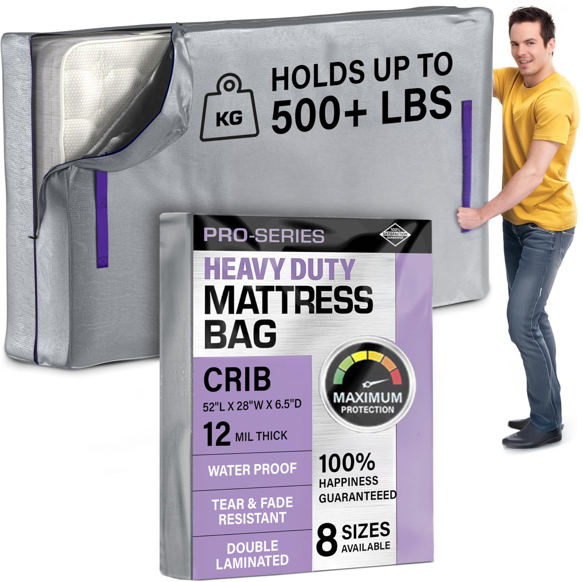 (Crib) 10 Mil Thick  Moving and Storage Mattress Bag w Zipper and 8 Carrying Handles  Waterproof  UV Resistant  Heavy Duty 