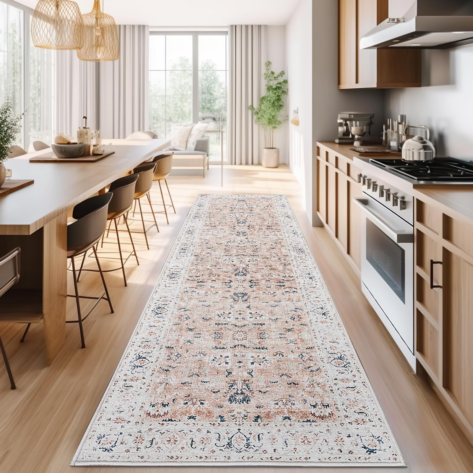 jinchan Hallway Runner Rug 3x8 - Vintage Rug Kitchen Washable Runner Rug Floral Boho Floor Cover Non Slip Thin Rug Retro Distres