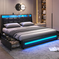 MSmask King Size Bed Frame with 4 Storage Drawers, Charging Station and LED Lights, Upholstered Bed Frame with Button Tufted Win