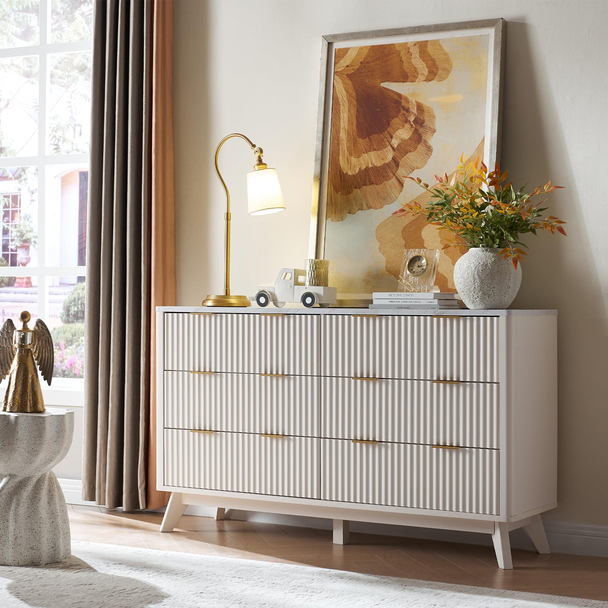 T4Tream Fluted 6 Drawers Dresser, 54' Wide Modern Chest Of Drawers With Faux Marble Top, Curved Profile Design, Dresser Tv Stand, Wood Drawer Organizer For Bedroom, Living Room, Hallway, Solid White