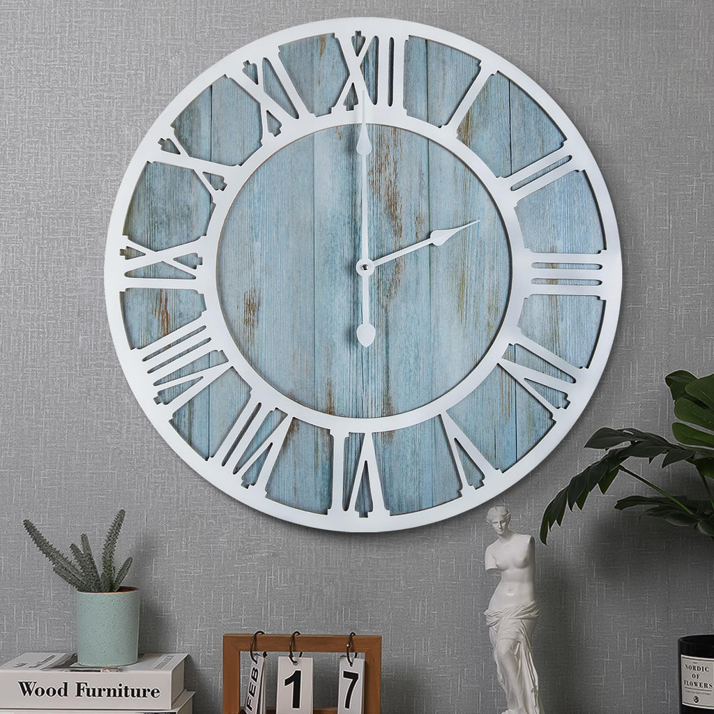 1st owned Wall Clock for Home Decor - 24 Inch Blue Wood Wall Clocks Battery Operated Silent Non Ticking Simple Minimalist Roman 