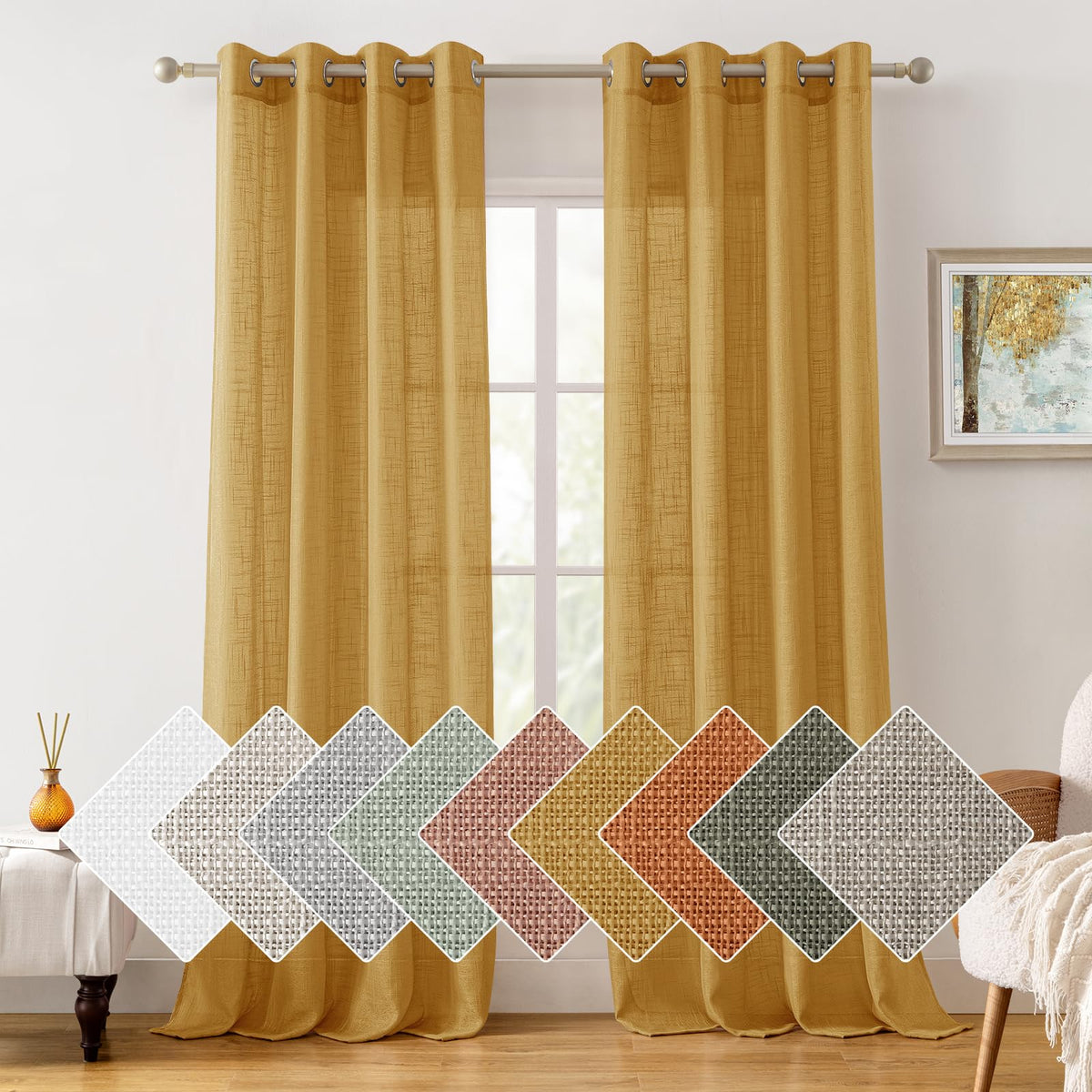 Homeideas Yellow Linen Sheer Curtains 96 Inches Long 2 Panels Textured Semi Sheer Curtains Farmhouse Curtains Sheer Privacy Wind