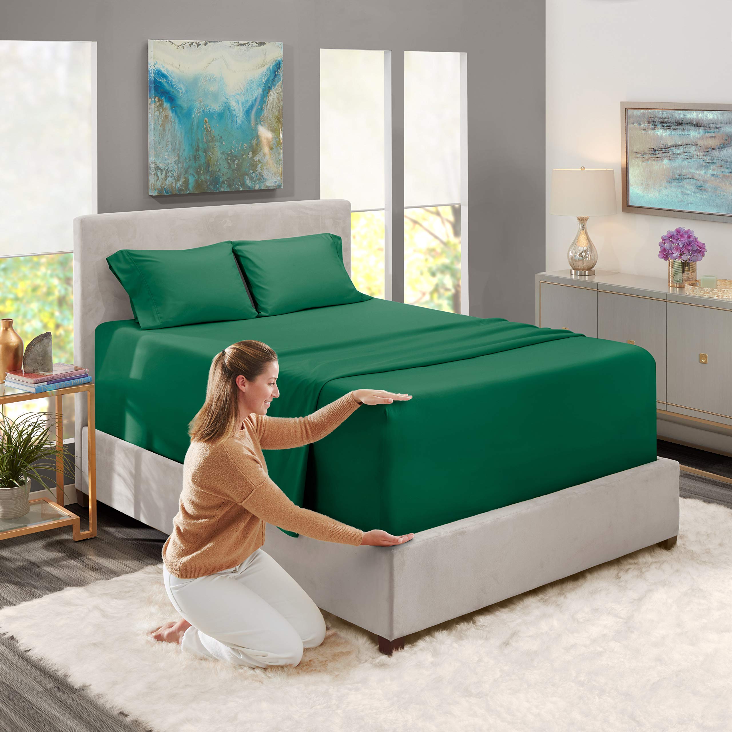 Nestl Extra Deep Pocket Sheets - Fits Mattress 18-24 Inches Deep, Extra Deep Pocket Queen Sheets Sets, 4 Piece Queen Size Sheets, Queen Sheets Deep Pocket, Hunter Green Queen