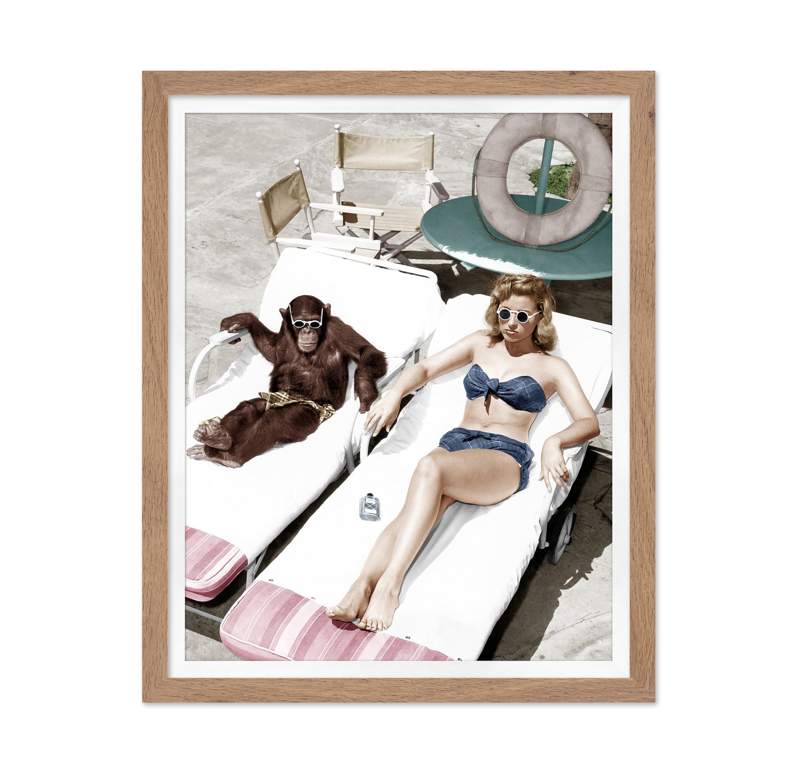 Poster Master Vintage Anima Poster - Retro Funny Print - Gift for Artist, Friend - Chimpanzee And Woman Sunbathing, Summer, Pool