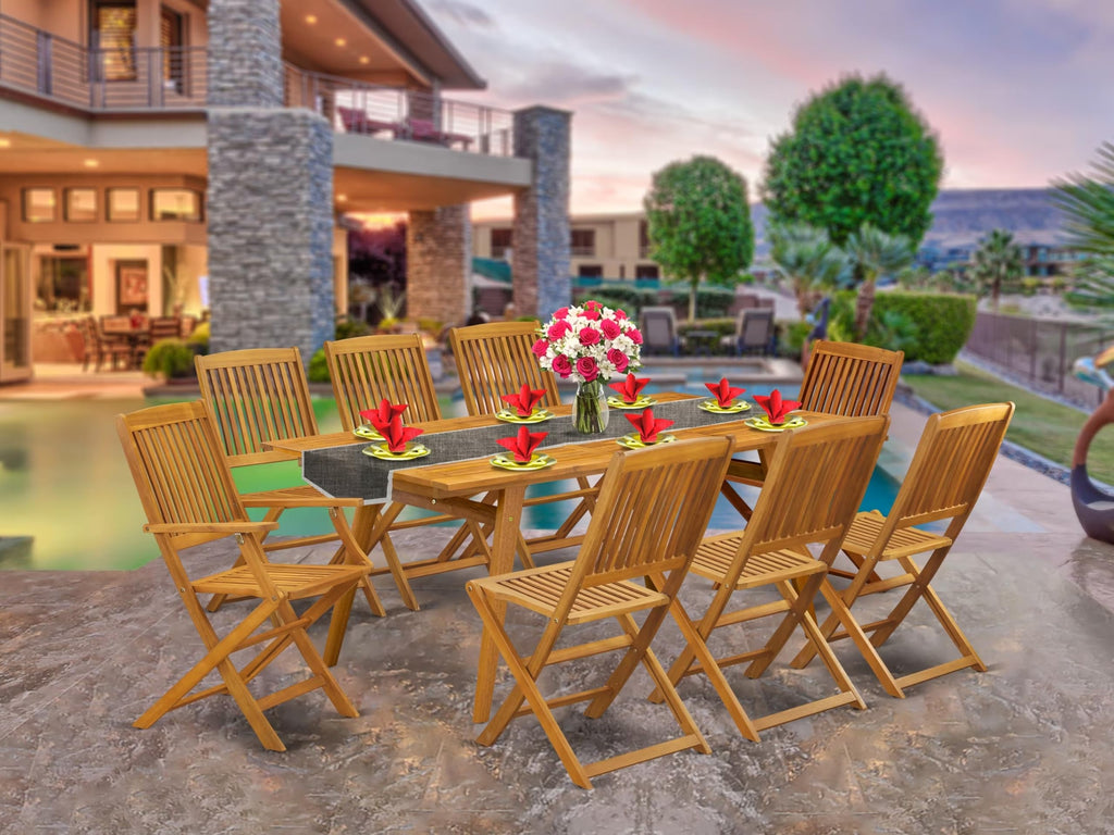 East West Furniture Decm92Cana 9 Piece Patio Garden Table Set Includes A Rectangle Outdoor Acacia Wood Dining Table And 2 Folding Arm Chairs With 6 Side Chairs, 40X72 Inch, Natural Oil