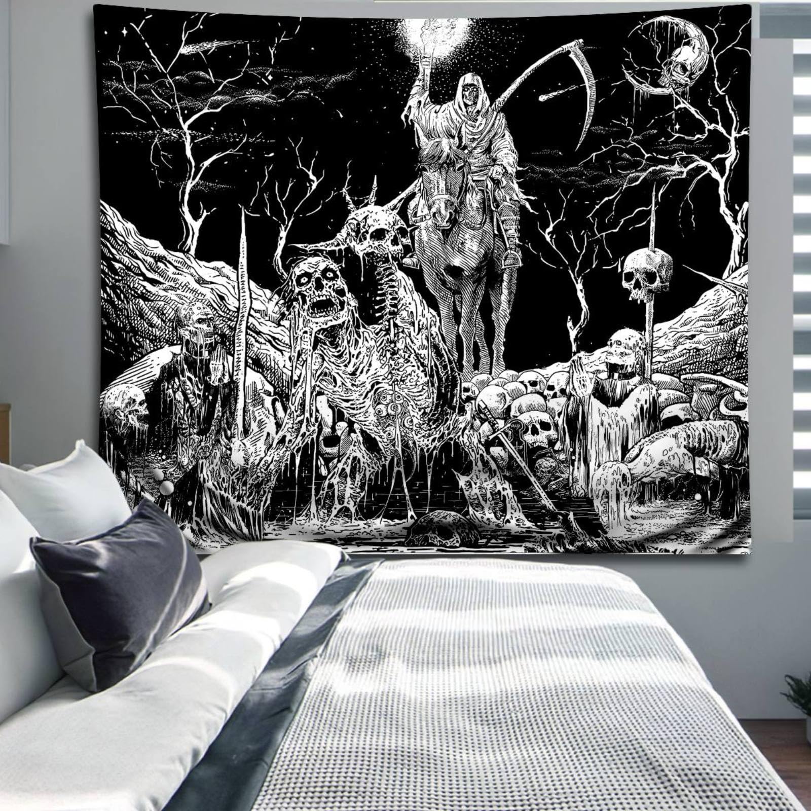 Apdidl Black And White Goth Skull Tapestry For Bedroom, Gothic Skeleton Halloween Wall Tapestries Aesthetic, Horror Ghost Rider
