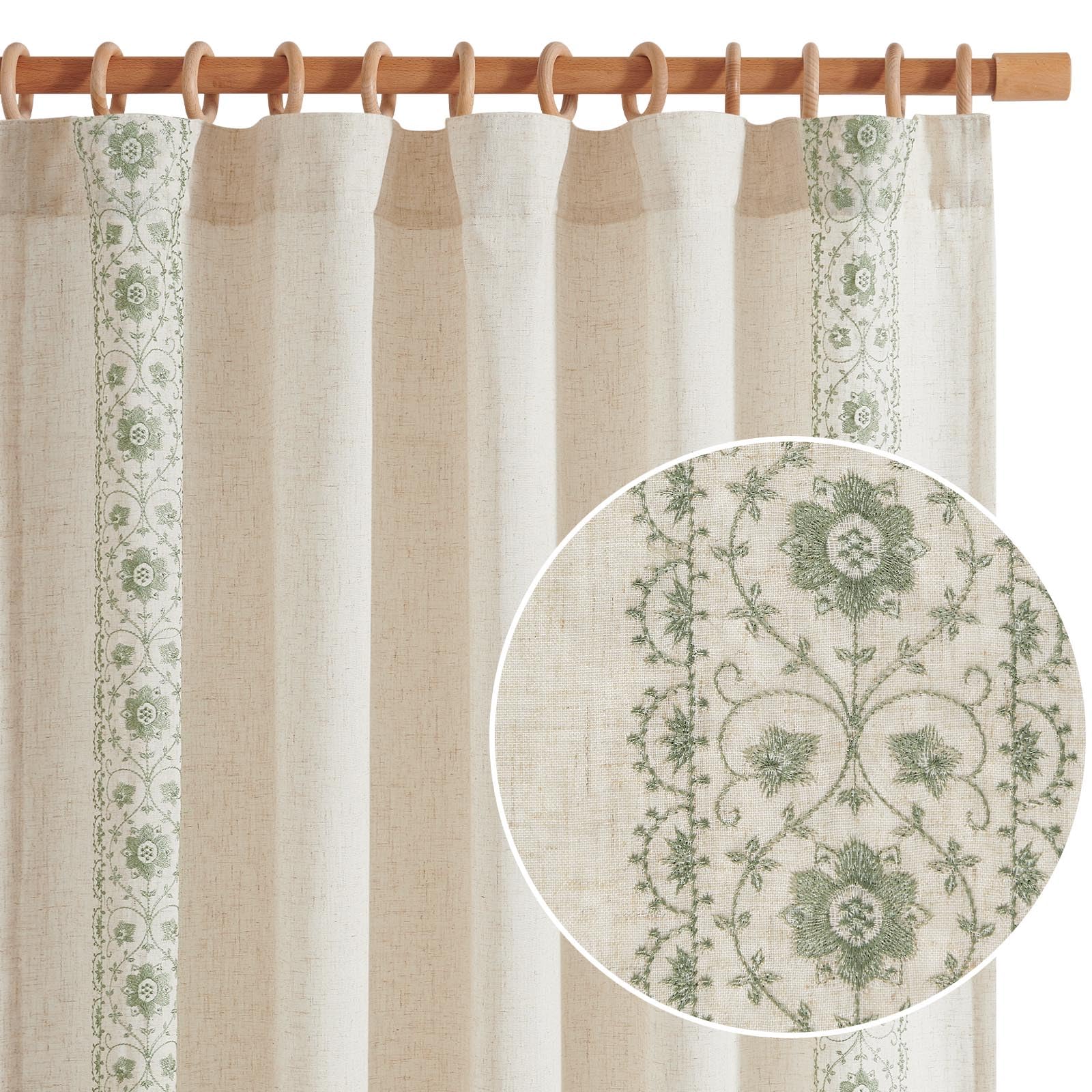 Jinchan Linen Curtains For Bedroom Sage Green Vintage Floral Farmhouse Curtains 96 Inches Long Boho Curtains For Living Room Emb