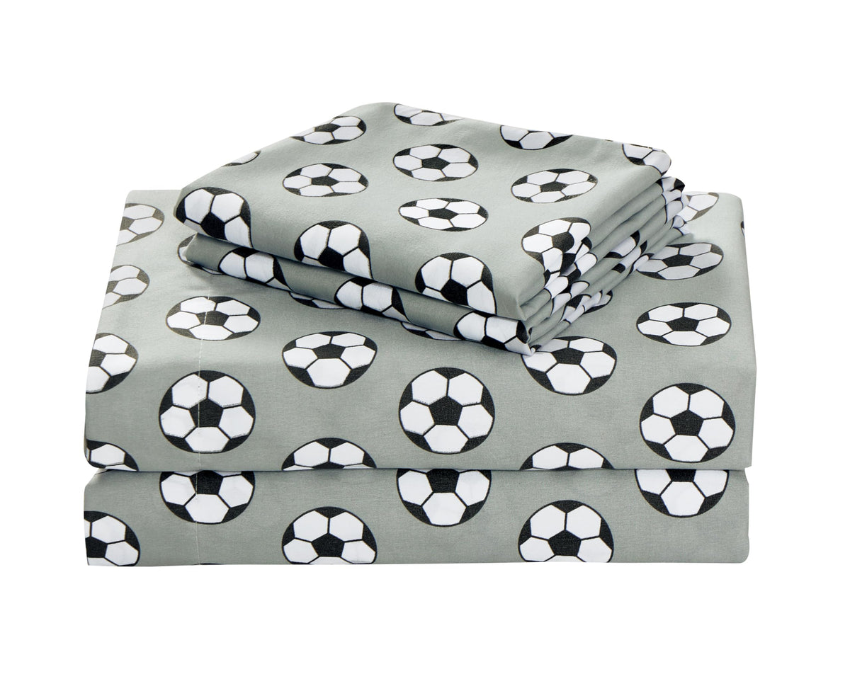 Chezmoi Collection 3-Piece Kids/Teens Sports Sheet Set - Soft Microfiber Gray Black White Soccer, Twin Size