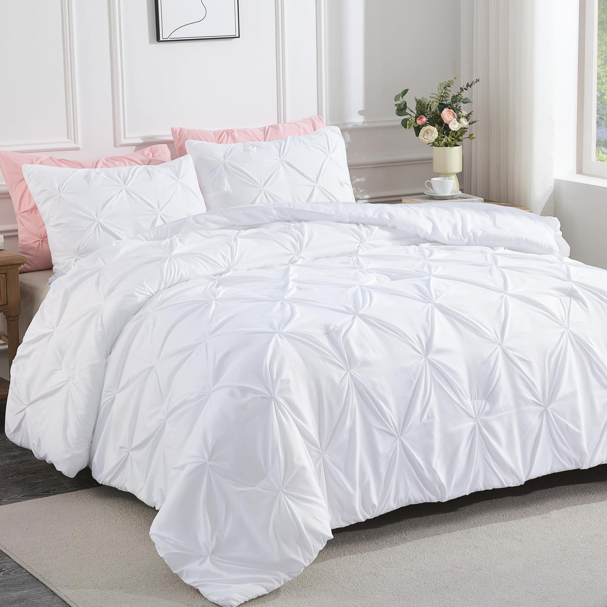 Andency White Queen Comforter Set(90X90Inch), 3 Pieces Cute Pinch Pleat Bedding Comforters & Sets For Queen Bed, Soft Lightweigh