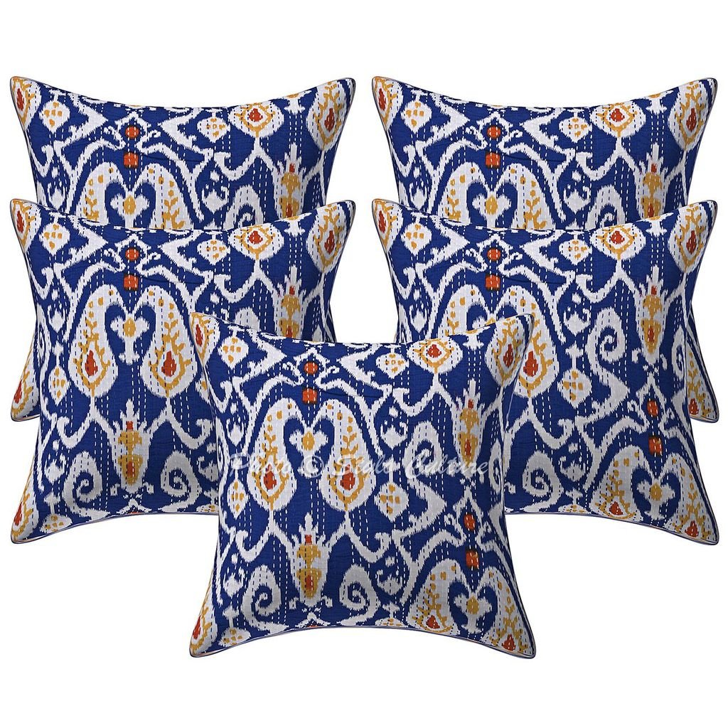 Stylo Culture Decorative Cotton Cushion Covers For Sofa 16X16 Inch Kantha Printed Dark Blue Living Room Decor Ikat Ethnic Square
