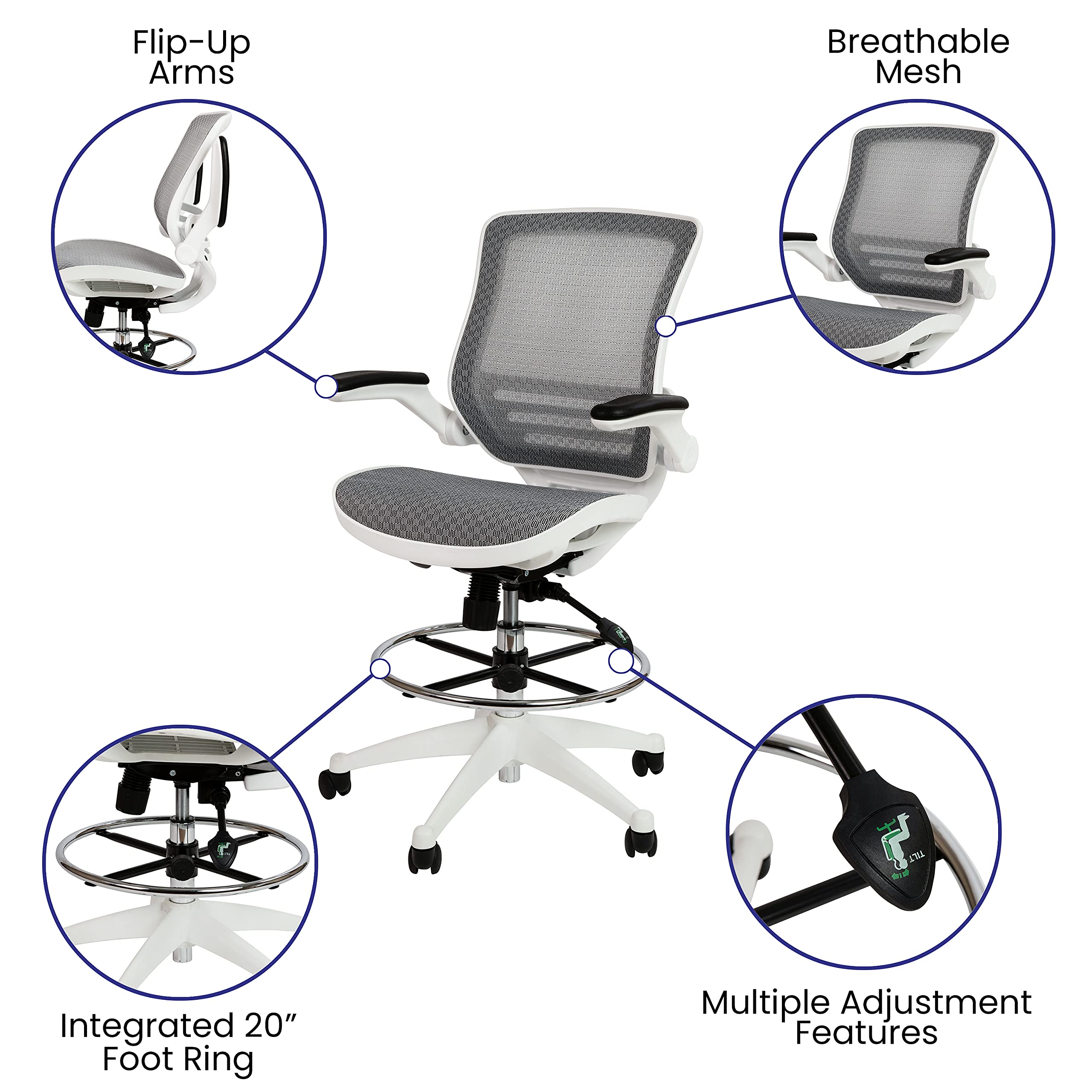 Flash Furniture Waylon Mid-Back Swivel Office Chair with Adjustable Foot Ring and Seat Height, Ergonomic Mesh Chair with Armrests, Gray/White