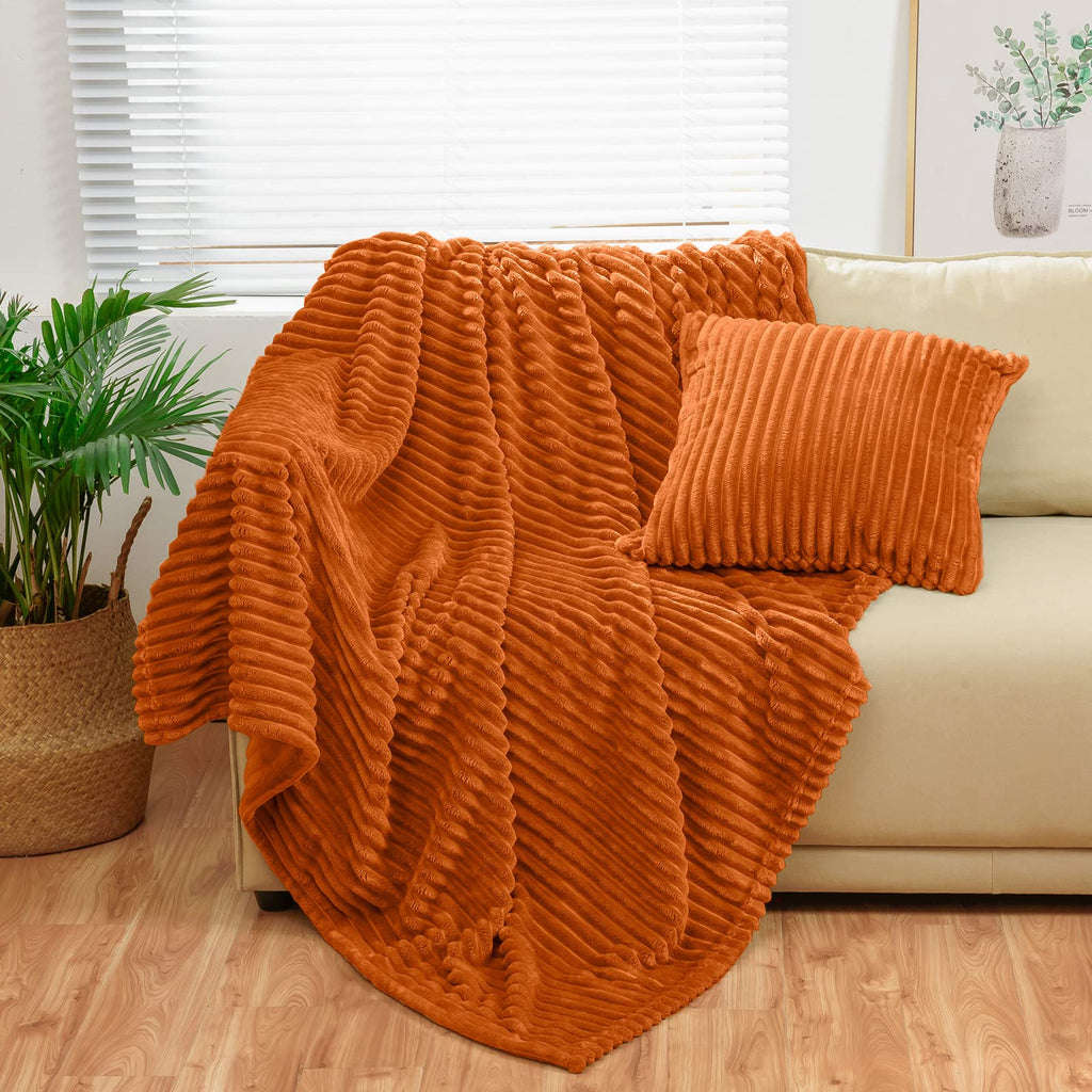 Bnuitland Burnt Orange Flannel Throw (50X71 Inches) With Throw Pillow Cover(18  18''),300Gsm Super Soft Fleece Stripe Pattern So