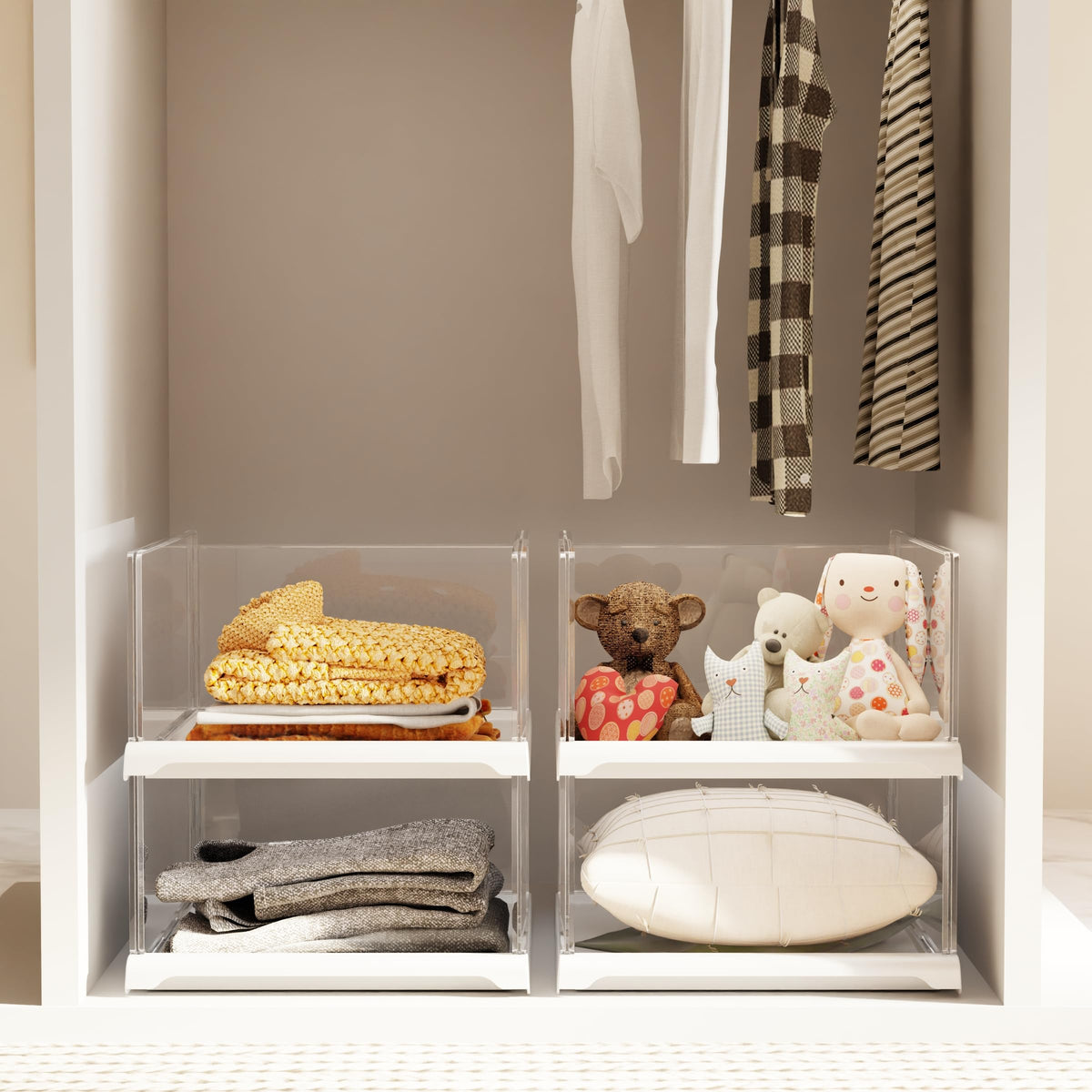 Vaela 4 Pack Stackable Closet Organizers and Storage Shelves,Transparent Multifunctional &Foldable Sweater Storage for Closet, B