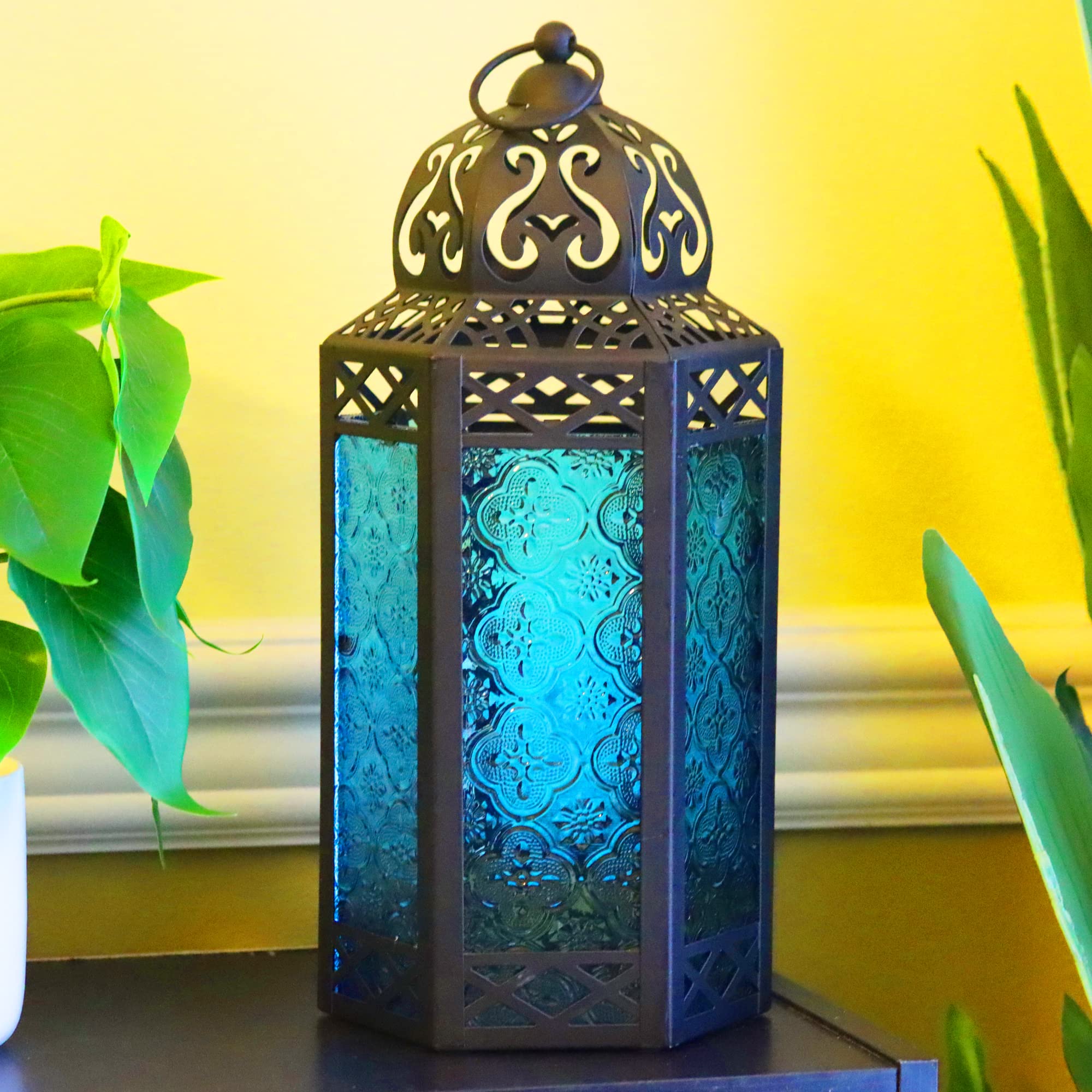 Large Black Metal Decorative Moroccan Lantern Candle Holder Lamp - Indoor/Outdoor, Home Decor, Patio, Weddings, Christmas, Blue