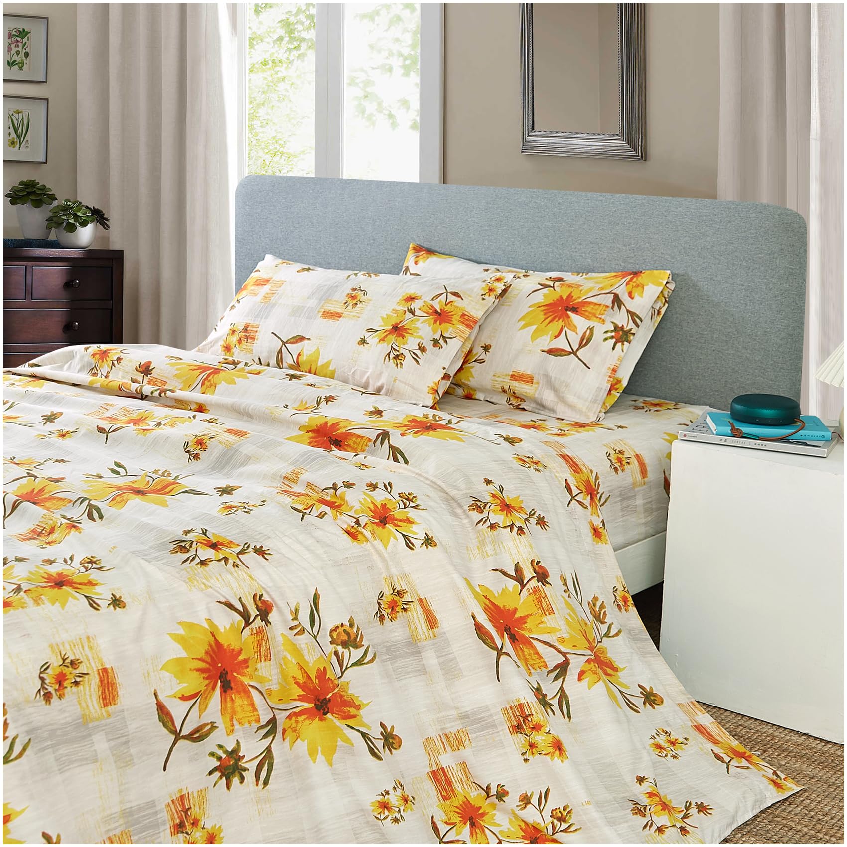 Jsd Rustic Yellow Floral Full Sheet Set, 4 Piece Printed Microfiber Bedding Sheets Extra Deep Pocket
